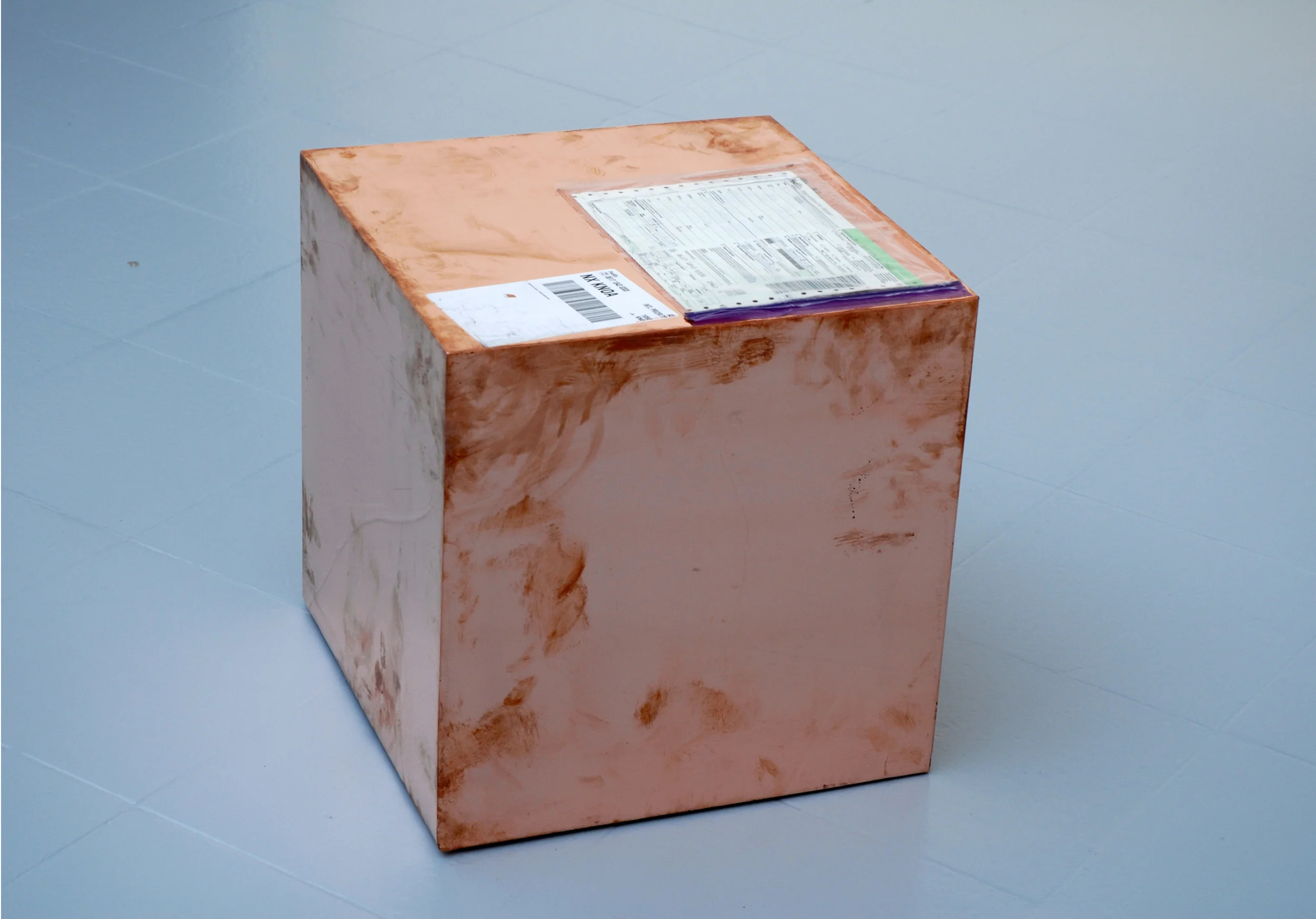 16-inch Copper (FedEx® Kraft Box © 2005 FEDEX 330504 10/05 SSCC), International Priority, Los Angeles–Brussels trk#861718438308, August 31–September 2, 2011 2011– Polished copper, accrued FedEx shipping and tracking labels 16 x 16 x 16 inches FedEx Copper Works, 2009