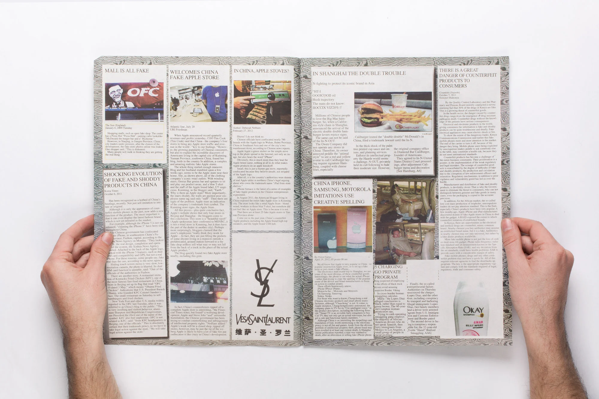 Shanzhai Times, 山寨时报, Village Mountain Era 2012 Newsprint 13 3/4 x 10 inches Published on the occasion of the 9th Shanghai Biennale 2012, Walead Beshty, Los Angeles Pavilion, Shanghai, China, 2012.