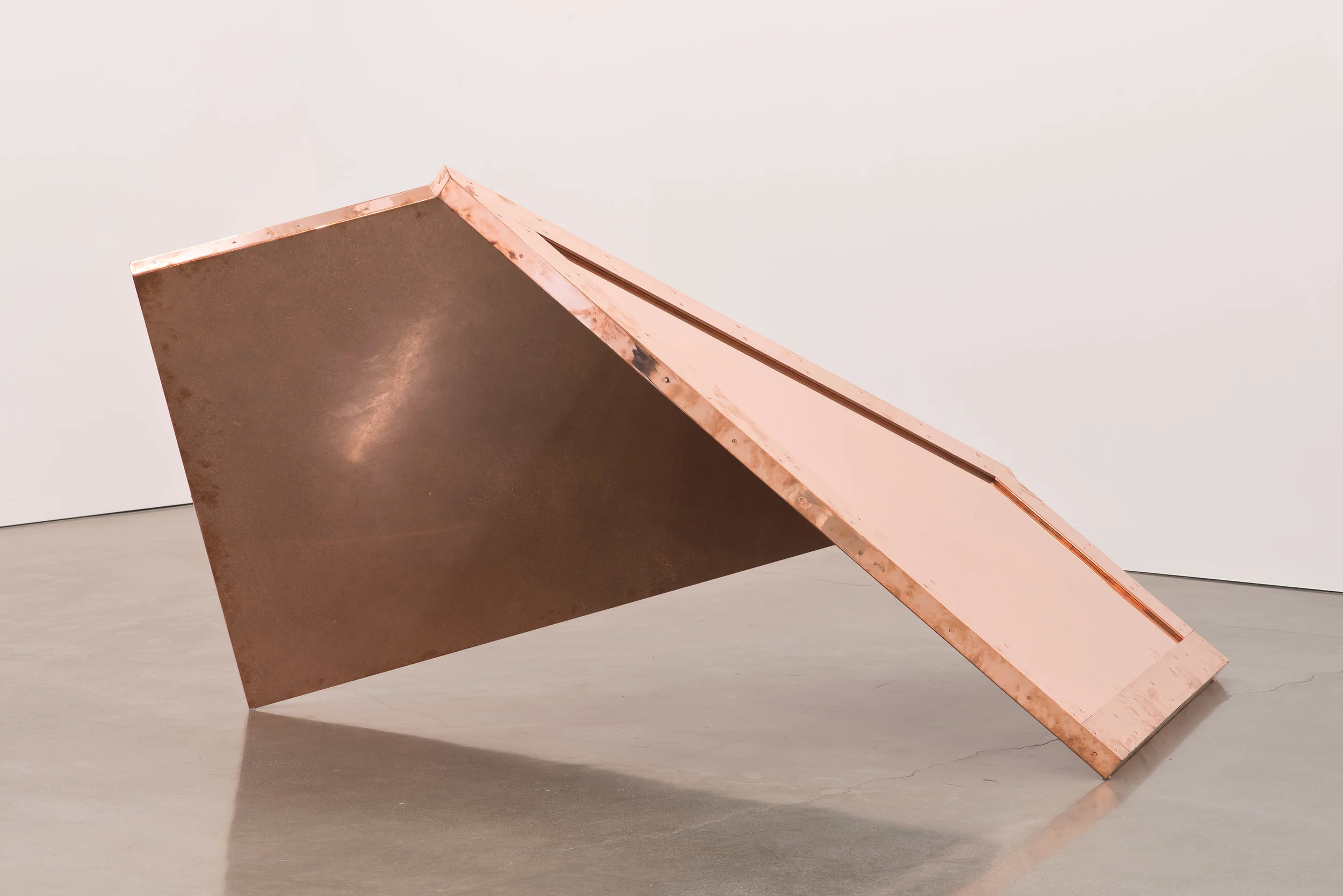 Copper Surrogate (60” x 120” 48 ounce C11000 Copper Alloy, 90º Bend, 77 3/4” 135º Antidiagonal / 45º Diagonal Bisection: February 19-21/April 5, 2014, Los Angeles, California) 2014– Polished copper 110 x 60 x 50 inches Selected Bodies of Work, 2014