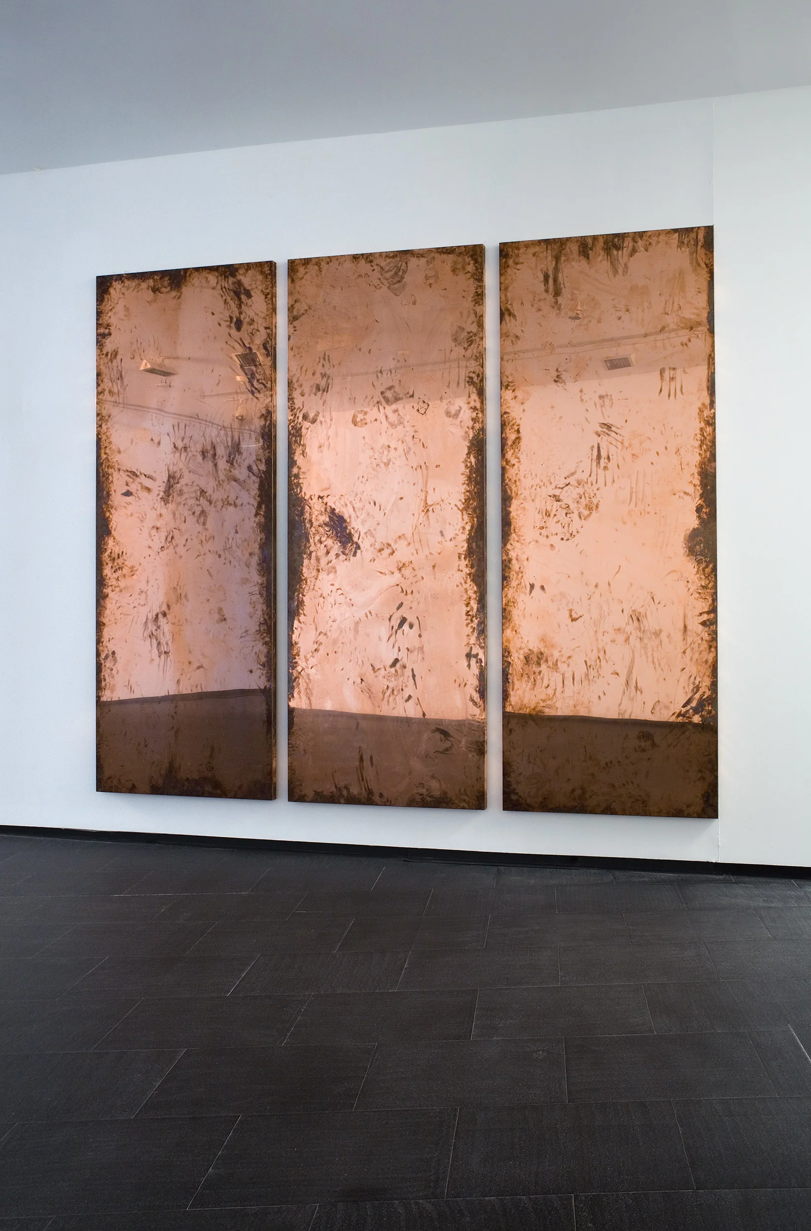 Copper Surrogate (February 10–17/ May 2–6 2011, Malmo, Sweden; June 13–20/ October 31–November 4, 2011, Madrid, Spain; June 8/18, 2012, Basel, Switzerland; October 22, 2015, Beirut Lebanon) 2011– Polished copper 116 x 45 3/4 x 2 inches, each, 9 parts A Diagram of Forces, 2011