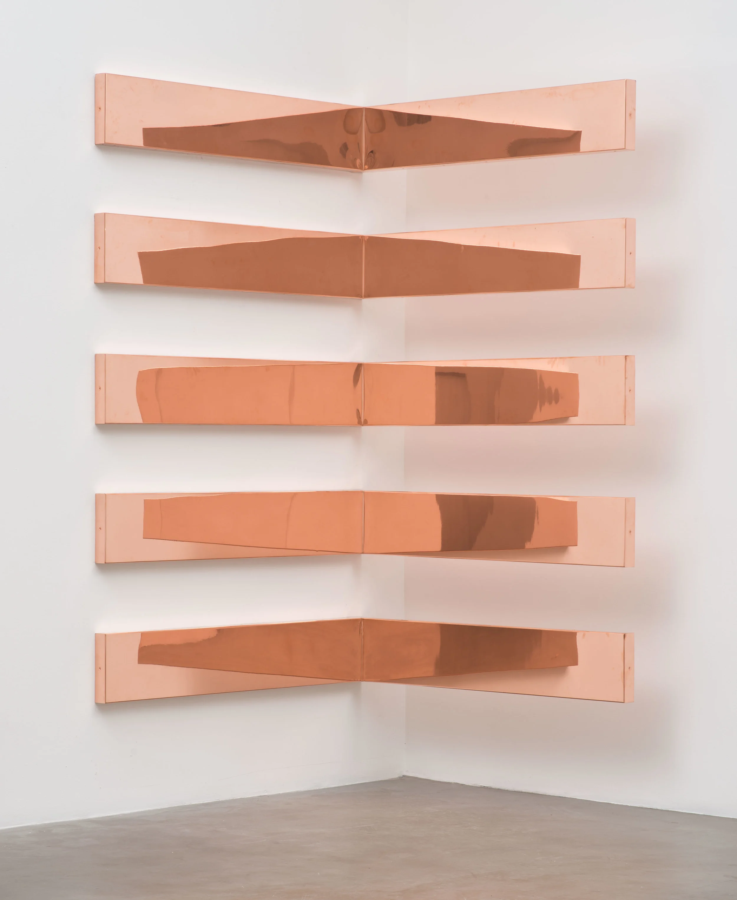 Copper Surrogate (60” x 120” 48 ounce C11000 Copper Alloy, 90º Bend, 60” Bisection/5 Sections: December 4/December 7, 2014, Miami Beach, Florida, February 10–12, 2015, Los Angeles, California) 2014– Polished copper 11 x 60 x 60 inches each, 5 parts Walid AlBeshti, 2015