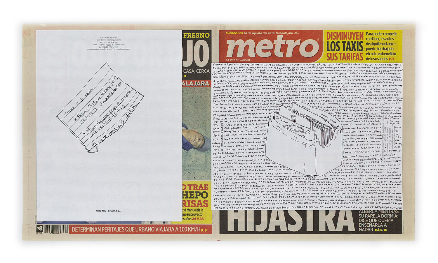   Political Drawing (Metro: Guadalajara, Mexico, Miércoles 26 Agosto 2015)    2015   Ink on paper, daily newspaper  12 1/2 x 22 3/4 inches   Disponibles, 2015     