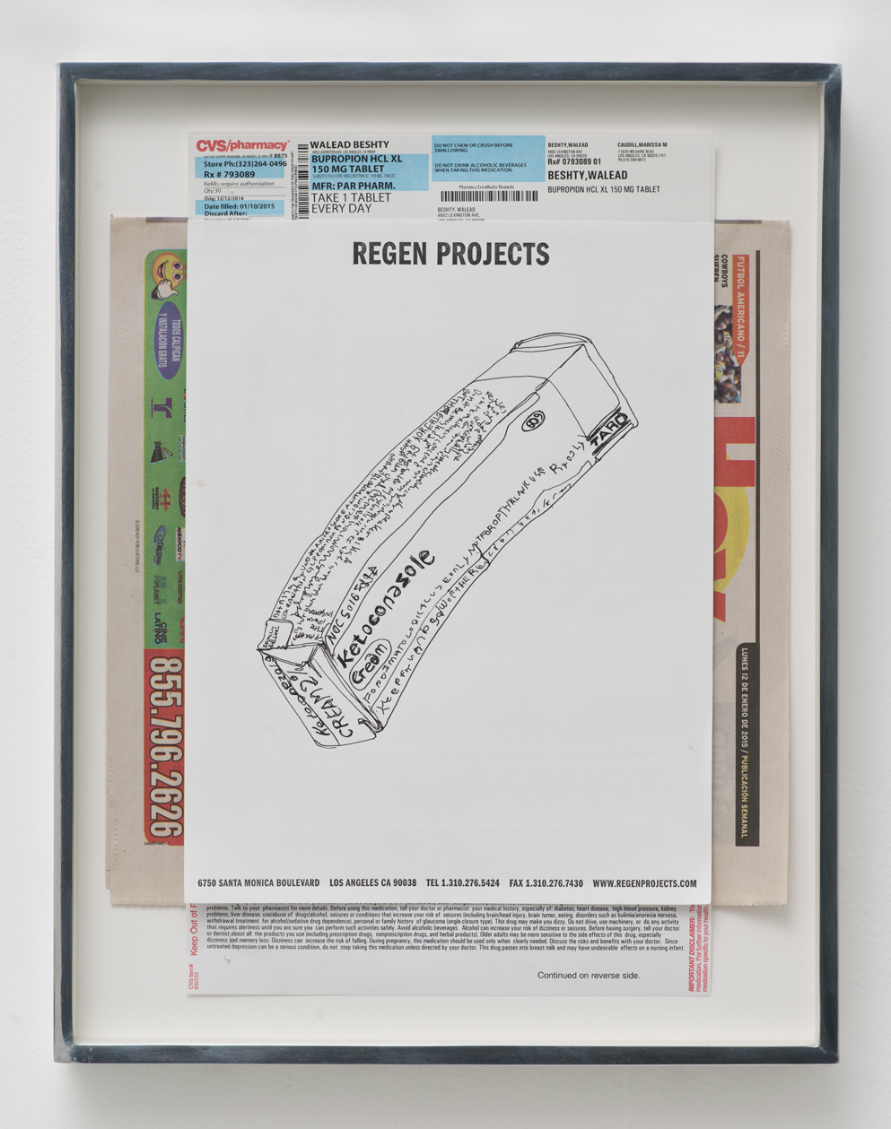   Ketoconazole 2%, 60 g, Cream, Taro Pharmaceutical Industries, Ltd.: Regen Projects, Los Angeles, California, January 12, 2015    2015   Ink on letterhead, newspaper, ink on paper  15 x 11 1/2 inches   Walid AlBeshti, 2015     