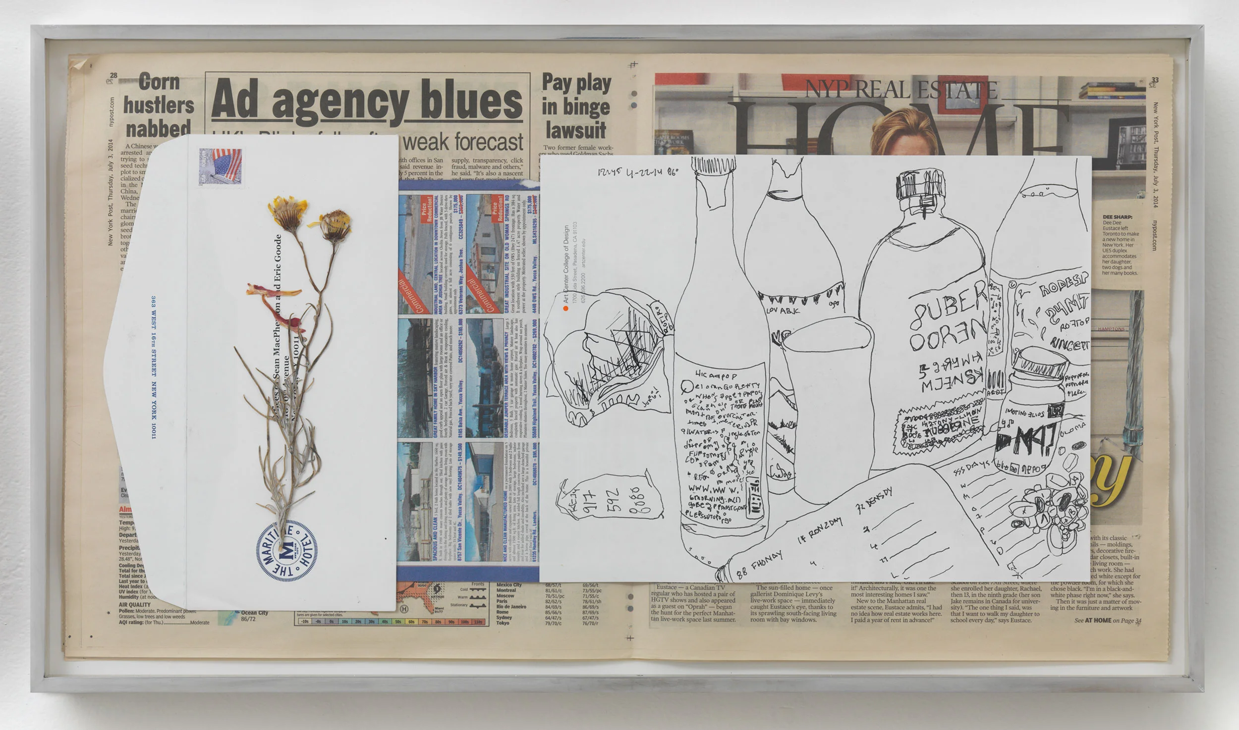 Corn Hustlers Nabbed; Ad Agency Blues: Pay Play in binge lawsuit, 86º, 2:45pm, 22-4-14 2014 Ink on paper, envelope, dried flower, newspaper 12 x 22 inches Drawings, 2014–