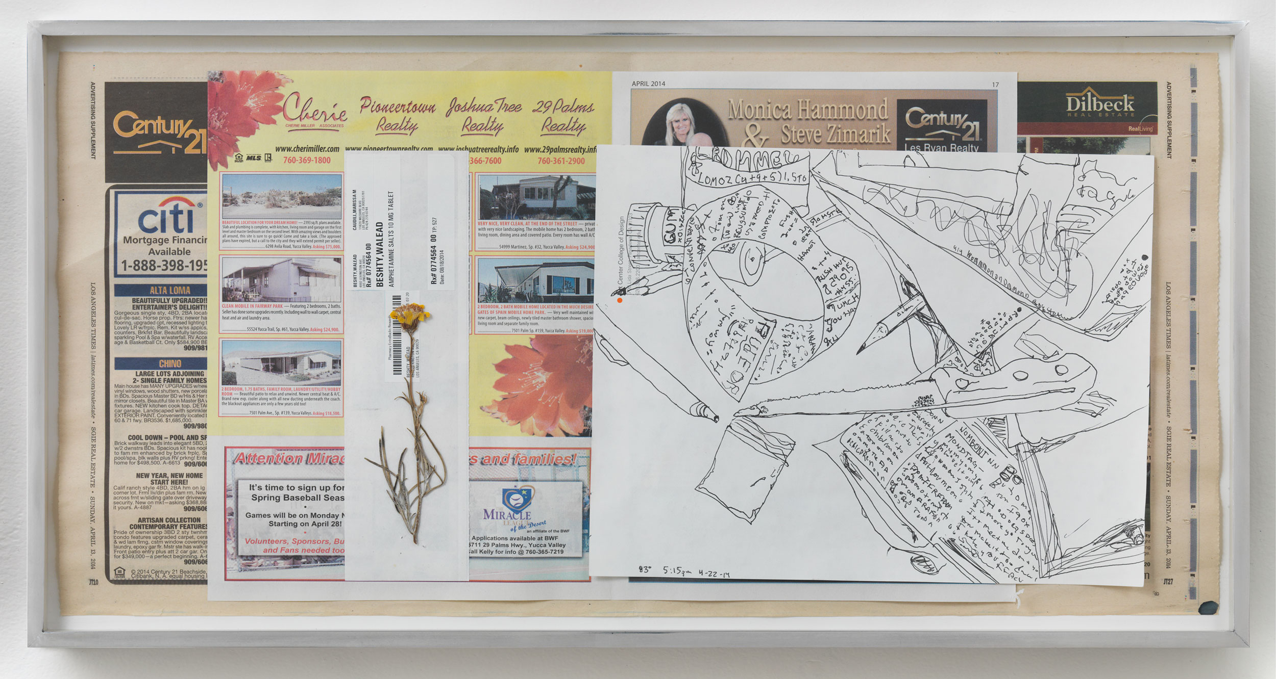  Century 21; Cherie Pioneertown Realty; Joshua Tree Realty; 29 Palms Realty; Dilbeck Real Estate, 83º, 5:15pm, 22-4-14    2014   Ink on paper, receipt, dried flower, newspaper  11 x 22 1/2 inches   Gastarbeiten, 2014     