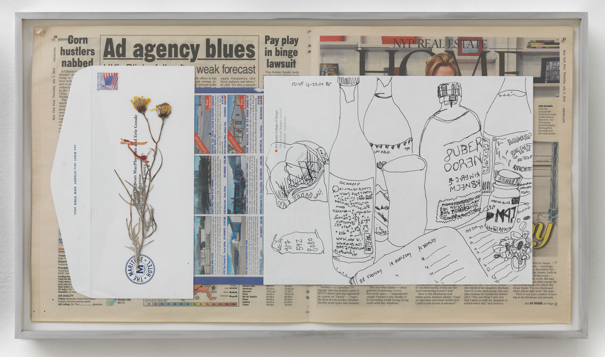   Corn Hustlers Nabbed; Ad Agency Blues: Pay Play in binge lawsuit, 86º, 2:45pm, 22-4-14    2014   Ink on paper, envelope, dried flower, newspaper  12 x 22 inches   Gastarbeiten, 2014     