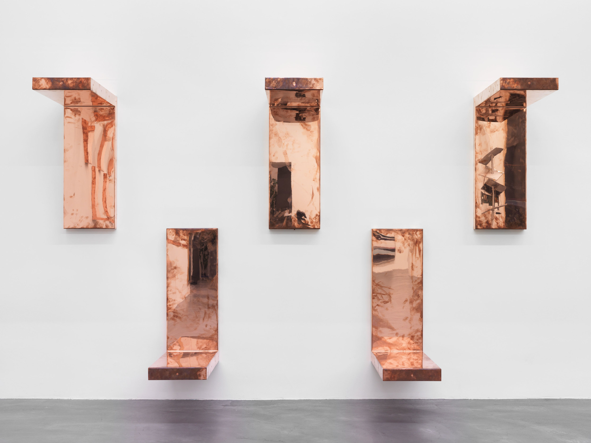  Detail of &nbsp;Copper Surrogates (60” x 120” 48 ounce C11000 Copper Alloy, 90º Bend, 120”&nbsp;Bisection: June 1–8/August 30, 2016, Zürich, Switzerland)    2016–   Polished copper  30 x 11 1/2 x 30 inches, each   Surrogates (Modular, Art Handling),