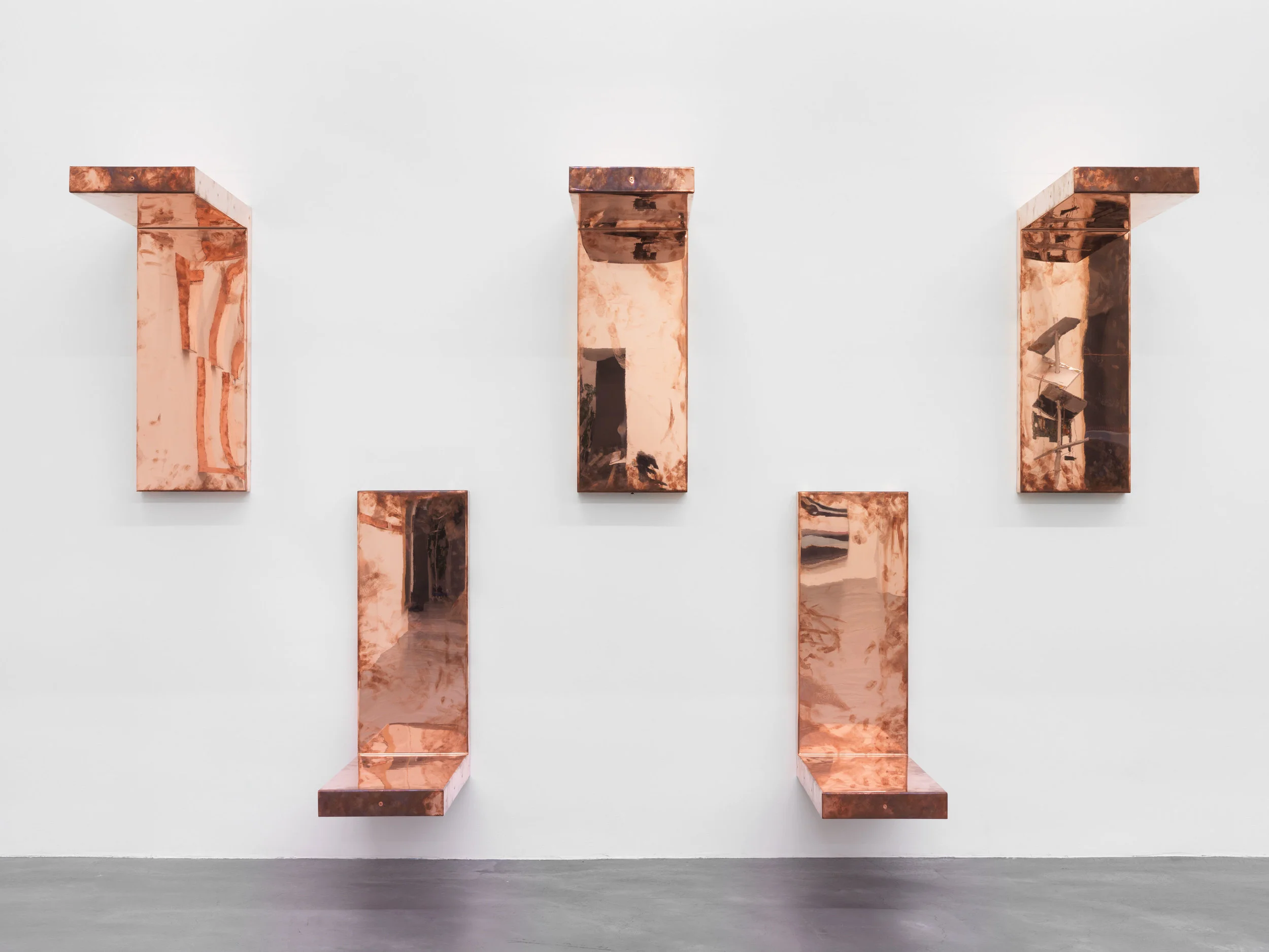Detail of Copper Surrogates (60” x 120” 48 ounce C11000 Copper Alloy, 90º Bend, 120” Bisection: June 1–8/August 30, 2016, Zürich, Switzerland) 2016– Polished copper 30 x 11 1/2 x 30 inches, each Automat, 2016