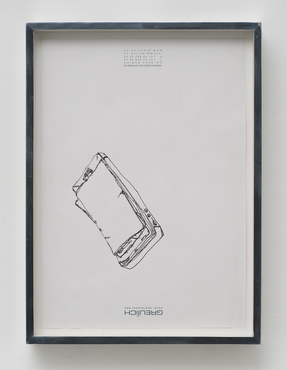   iPhone 5 A1429: Hotel Greulich, Zürich, Switzerland, September 26, 2014   2015  Ink on letterhead  12 7/8 x 9 1/2 inches   Drawings, 2014–    Walid AlBeshti, 2015    Atopolis, 2015     