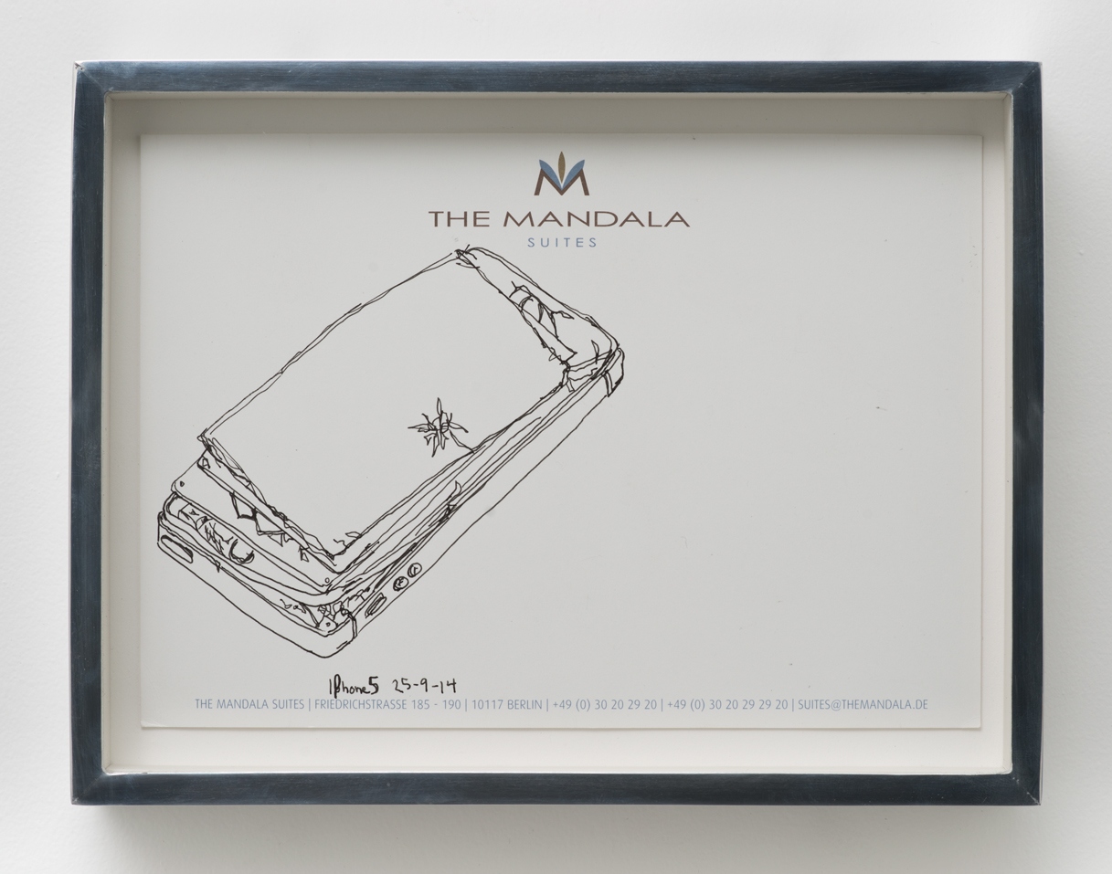   iPhone 5 A1429: The Mandala Hotel, Berlin, Germany, September 25, 2014   2015  Ink on letterhead  7 1/4 x 9 1/2 inches   Drawings, 2014–    Walid AlBeshti, 2015    Atopolis, 2015     