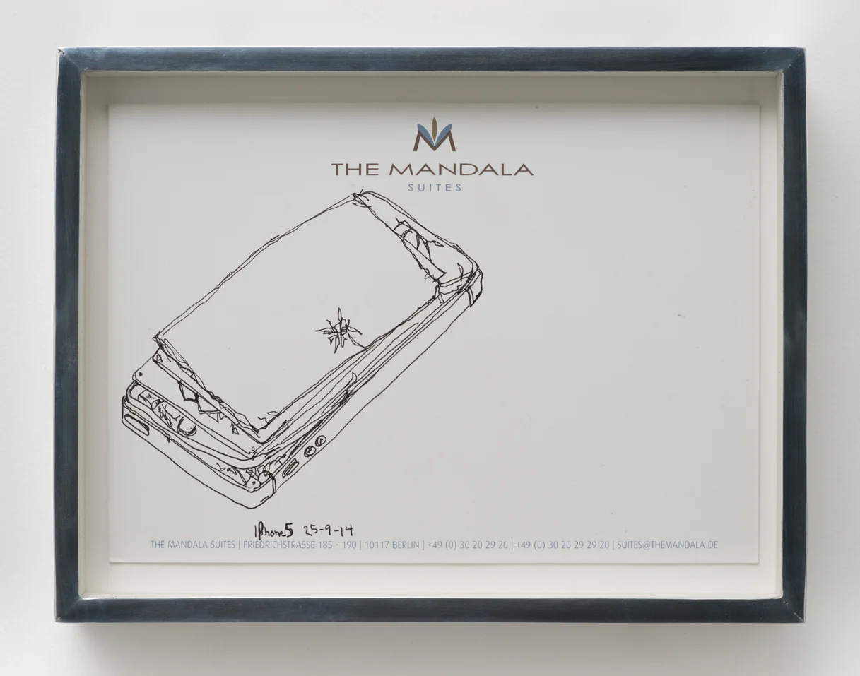iPhone 5 A1429: The Mandala Hotel, Berlin, Germany, September 25, 2014 2015 Ink on letterhead 7 1/4 x 9 1/2 inches Drawings, 2014– Walid AlBeshti, 2015 Atopolis, 2015
