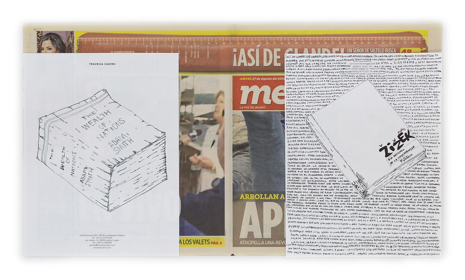   Political Drawing (Metro: Guadalajara, Mexico, Jueves 27 Agosto 2015)   2015  Ink on paper, daily newspaper  12 1/2 x 22 3/4 inches   Drawings, 2014–    Disponibles, 2015     