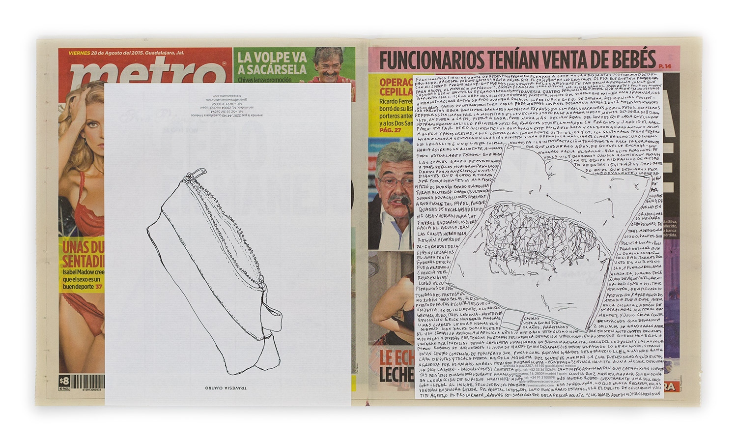  Political Drawing (Metro: Guadalajara, Mexico, Viernes 28 Agosto 2015)   2015  Ink on paper, daily newspaper  12 1/2 x 22 3/4 inches   Drawings, 2014–    Disponibles, 2015     