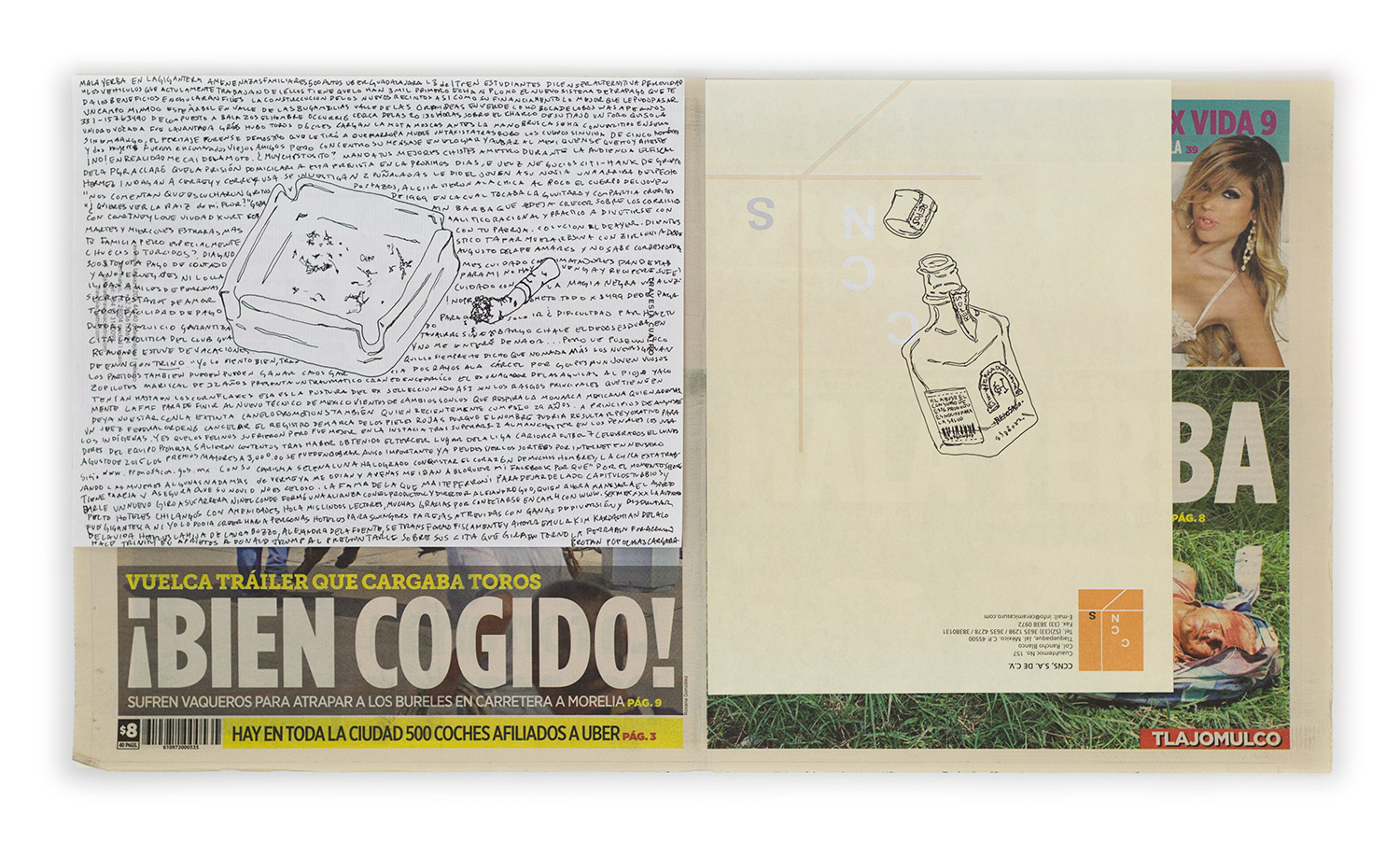   Political Drawing (Metro: Guadalajara, Mexico, Martes 18 Agosto 2015)   2015  Ink on paper, daily newspaper  12 1/2 x 22 3/4 inches   Drawings, 2014–    Disponibles, 2015     