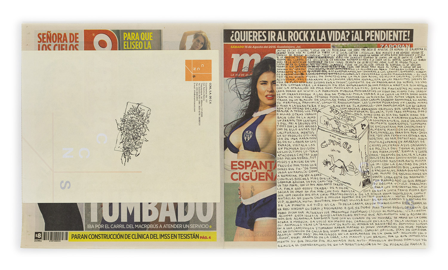   Political Drawing (Metro: Guadalajara, Mexico, Sábado 15 Agosto 2015)   2015  Ink on paper, daily newspaper  12 1/2 x 22 3/4 inches   Drawings, 2014–    Disponibles, 2015     