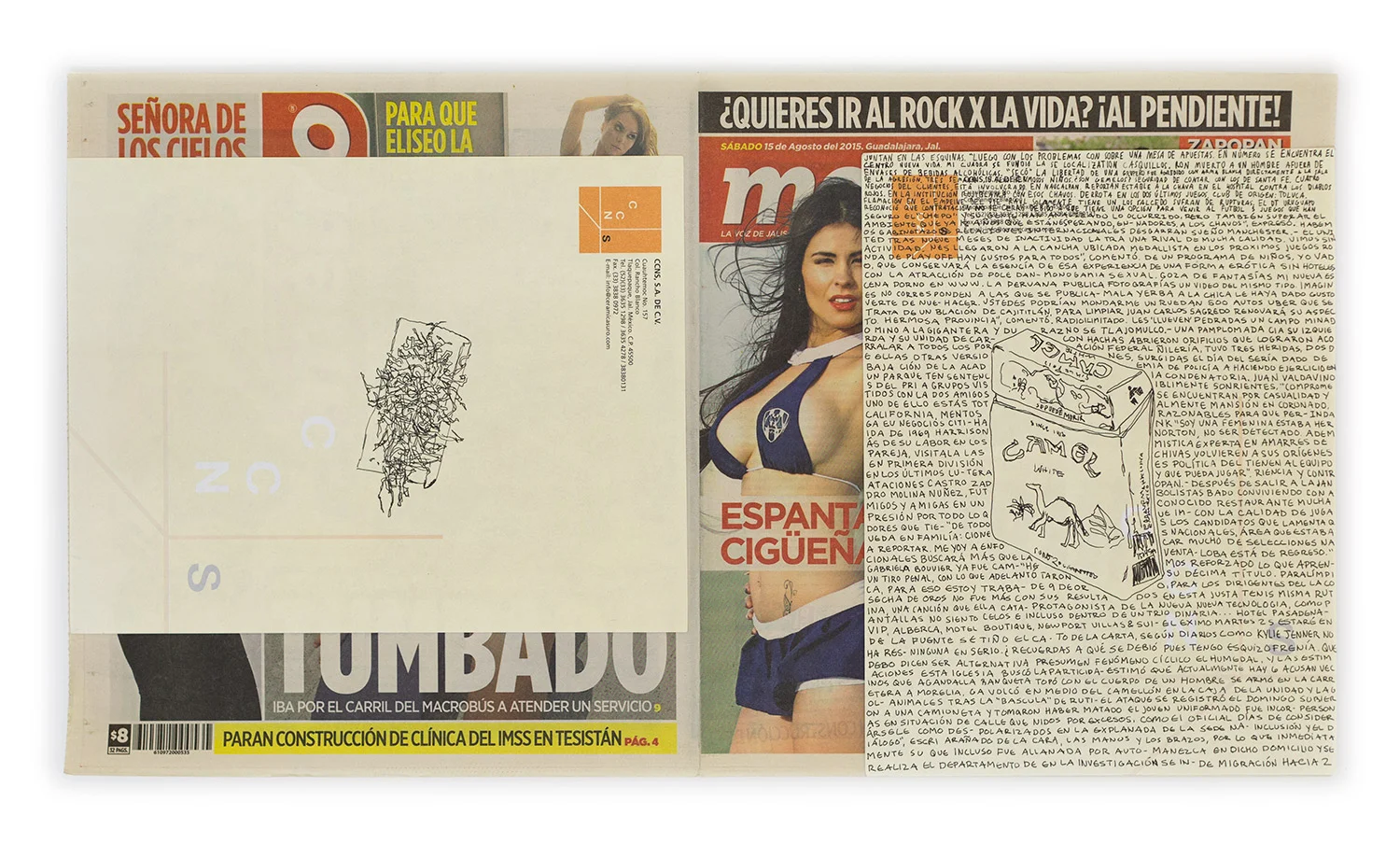 Political Drawing (Metro: Guadalajara, Mexico, Sábado 15 Agosto 2015) 2015 Ink on paper, daily newspaper 12 1/2 x 22 3/4 inches Drawings, 2014– Disponibles, 2015