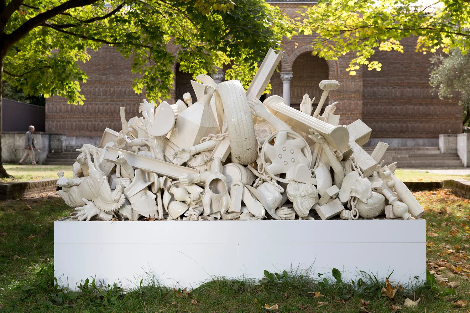 Luchas Fraticidas (March 2–8, 2015: Cerámica Suro Contemporánea, Guadalajara, Jalisco, Mexico) 2015 Ceramica Suro slip cast remnants, glaze, and firing plates 71 x 99 1/2 x 42 1/4 inches Ceramics, 2013– All the World's Futures, 2015