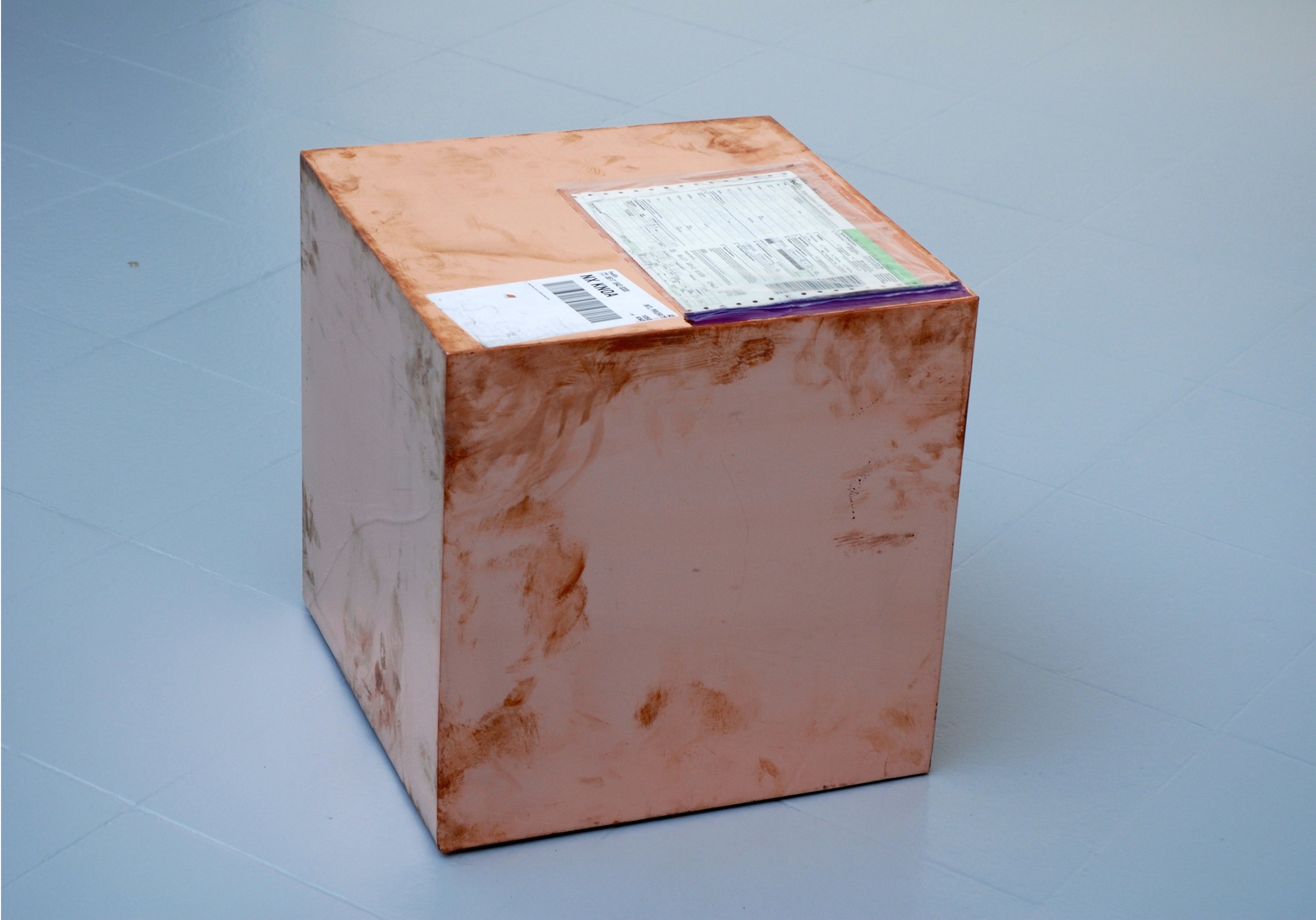   16-inch Copper (FedEx® Kraft Box  © 2005 FEDEX 330504 10/05 SSCC), International Priority, Los Angeles–Brussels trk#861718438308, August 31–September 2, 2011   2011–  Polished copper, accrued FedEx shipping and tracking labels  16 x 16 x 16 inches 