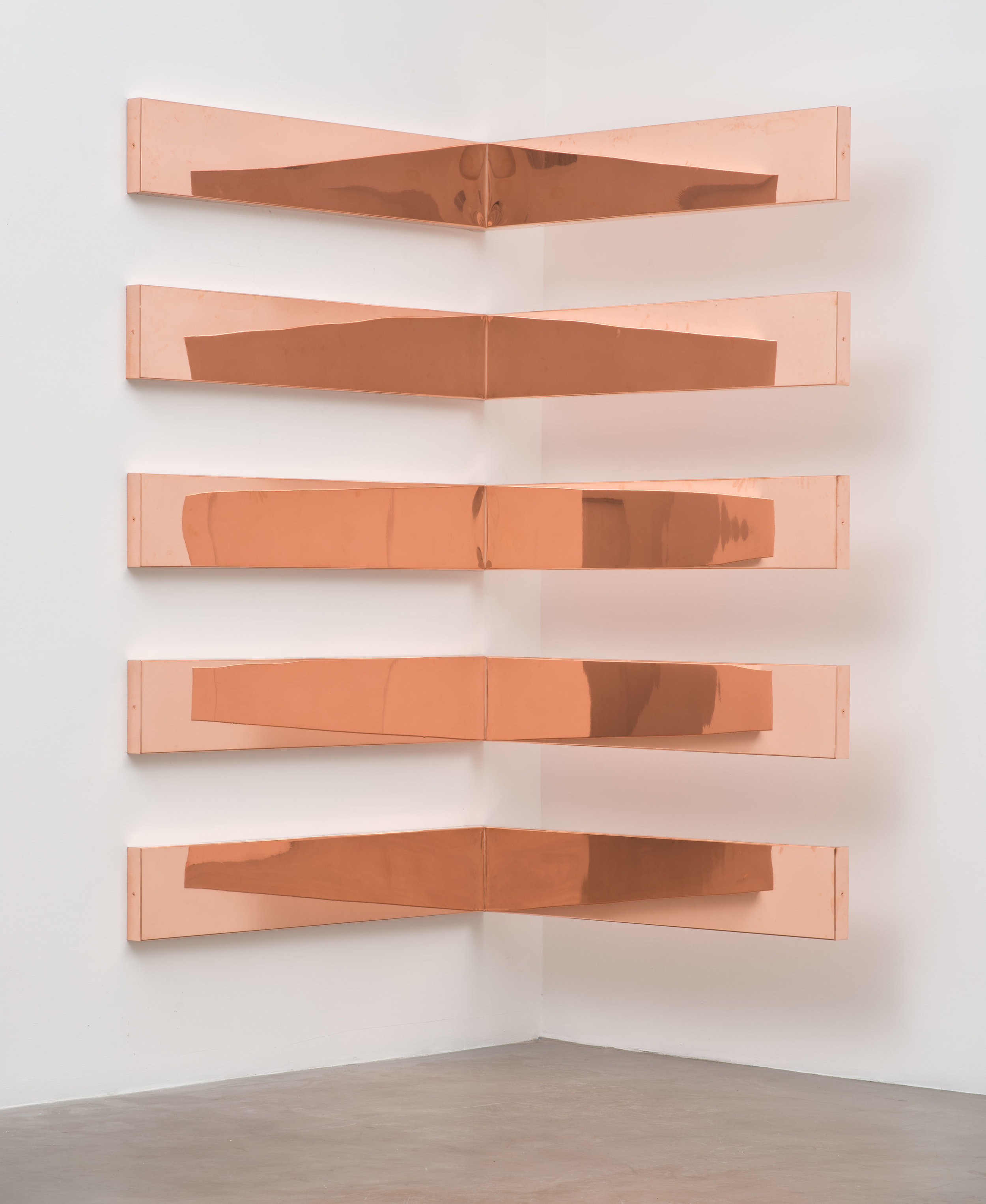   Copper Surrogates (60” x 120” 48 ounce C11000 Copper Alloy, 90º Bend, 60”&nbsp;Bisection/5 Sections: December 4/December 7, 2014, Miami Beach, Florida, February 10–12, 2015, Los Angeles, California)    2014–   Polished copper  11 x 60 x 60 inches e