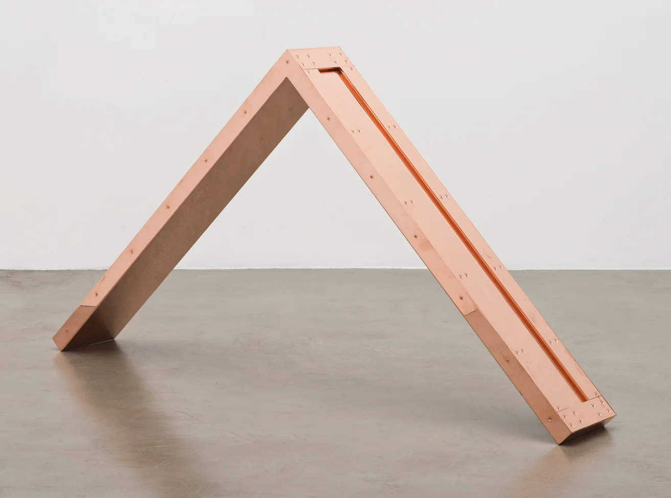 Copper Surrogate (60” x 120” 48 ounce C11000 Copper Alloy, 90º Bend, 60” Bisection:/Section 4: November 25/January 26–27, 2014, London, United Kingdom) 2014 Polished copper 11 x 60 x 60 inches Surrogates (Modular, Art Handling), 2014– Marginalia, 2014