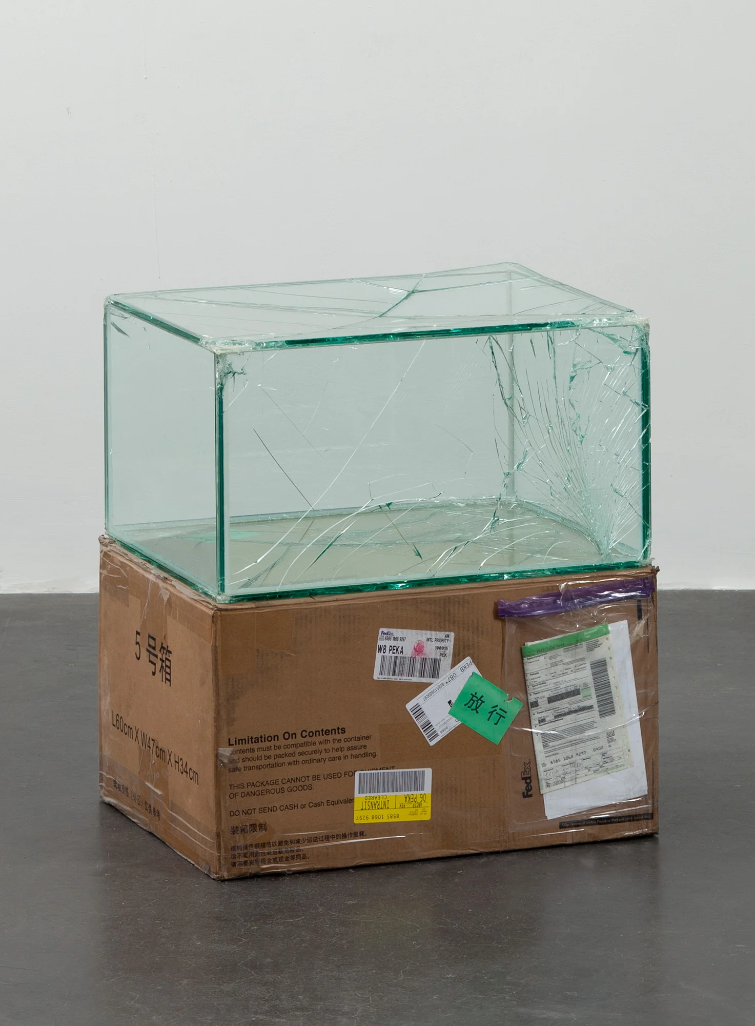 FedEx® Large Kraft Box © 2004 FEDEX 155143 REV 10/04 SSCC, International Priority, Los Angeles-Beijing trk#858510689297, September 9–22, 2011, International Priority, Beijing–Paris trk#874594464106, March 13–16, 2012 2011– Laminated glass, FedEx shipping box, accrued FedEx shipping and tracking labels, silicone, metal, tape 23 5/8 x 18 1/2 x 14 1/2 inches Securities and Exchanges, 2011