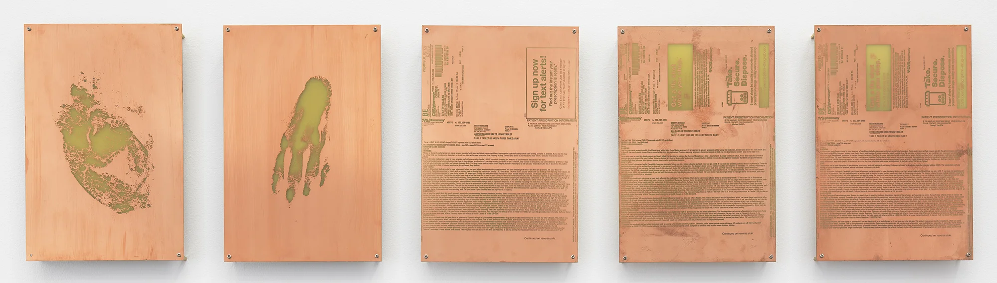 Body Print (Coxa and Attending Soft Tissues, Right Dorsum, Amphetamine Salts 10 mg Tablet, Valsartan 160 mg Tablet, Citalopram HBr 20 mg Tablet) 2017 Etched copper-clad FR-4 glass-reinforced epoxy laminate board 12 x 8 inches each, 5 parts Body Prints, 2017–