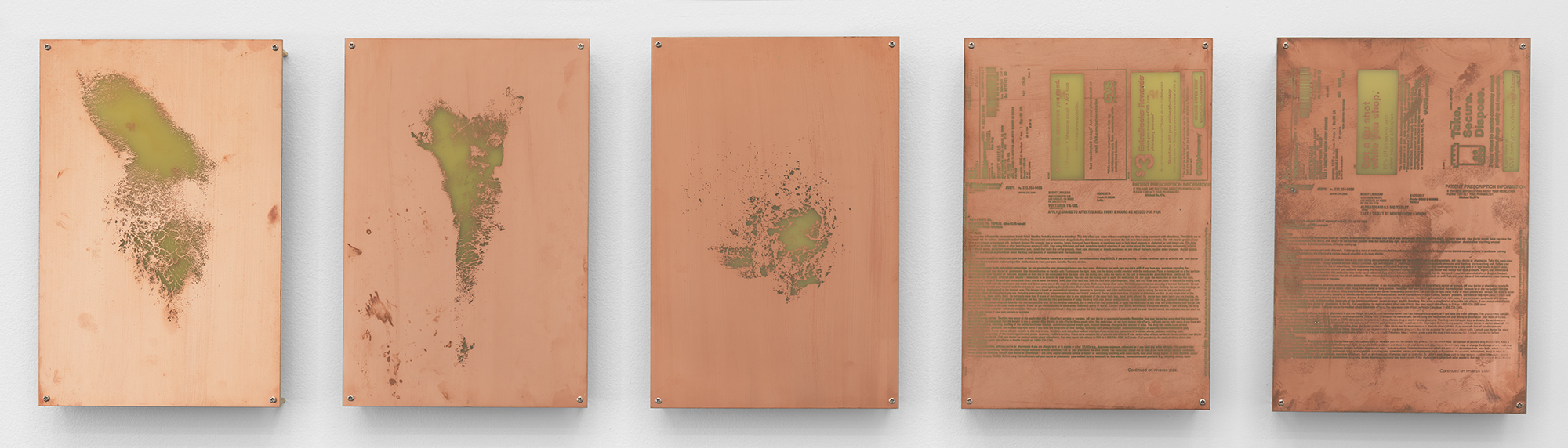   Body Print (Right Clavicle and Attending Soft Tissues, Left Carpal and Attending Soft Tissues, Right Pectoral, Voltaren 1% Gel, Alprazolam 0.5 mg Tablet)    2017   Etched copper-clad FR-4 glass-reinforced epoxy laminate board  12 x 8 inches each, 5