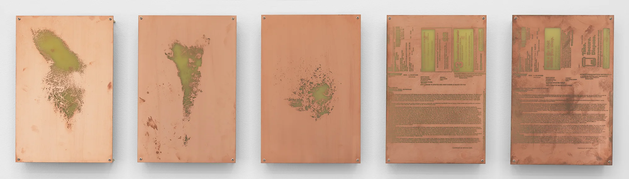 Body Print (Right Clavicle and Attending Soft Tissues, Left Carpal and Attending Soft Tissues, Right Pectoral, Voltaren 1% Gel, Alprazolam 0.5 mg Tablet) 2017 Etched copper-clad FR-4 glass-reinforced epoxy laminate board 12 x 8 inches each, 5 parts Body Prints, 2017–