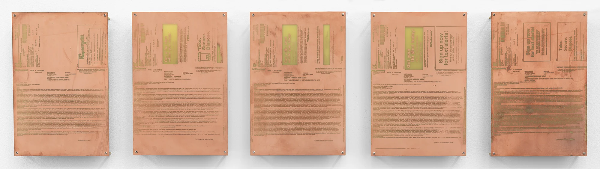 Body Print (Fluticasone Prop 50 mcg Spray, Finasteride 1 mg Tablet, Zolpidem Tartrate 10 mg Tablet, Doxycycline Mono 100 mg Cap, Cyclobenzaprine 10 mg Tablet) 2017 Etched copper-clad FR-4 glass-reinforced epoxy laminate board 12 x 8 inches Body Prints, 2017– Open Source, 2017