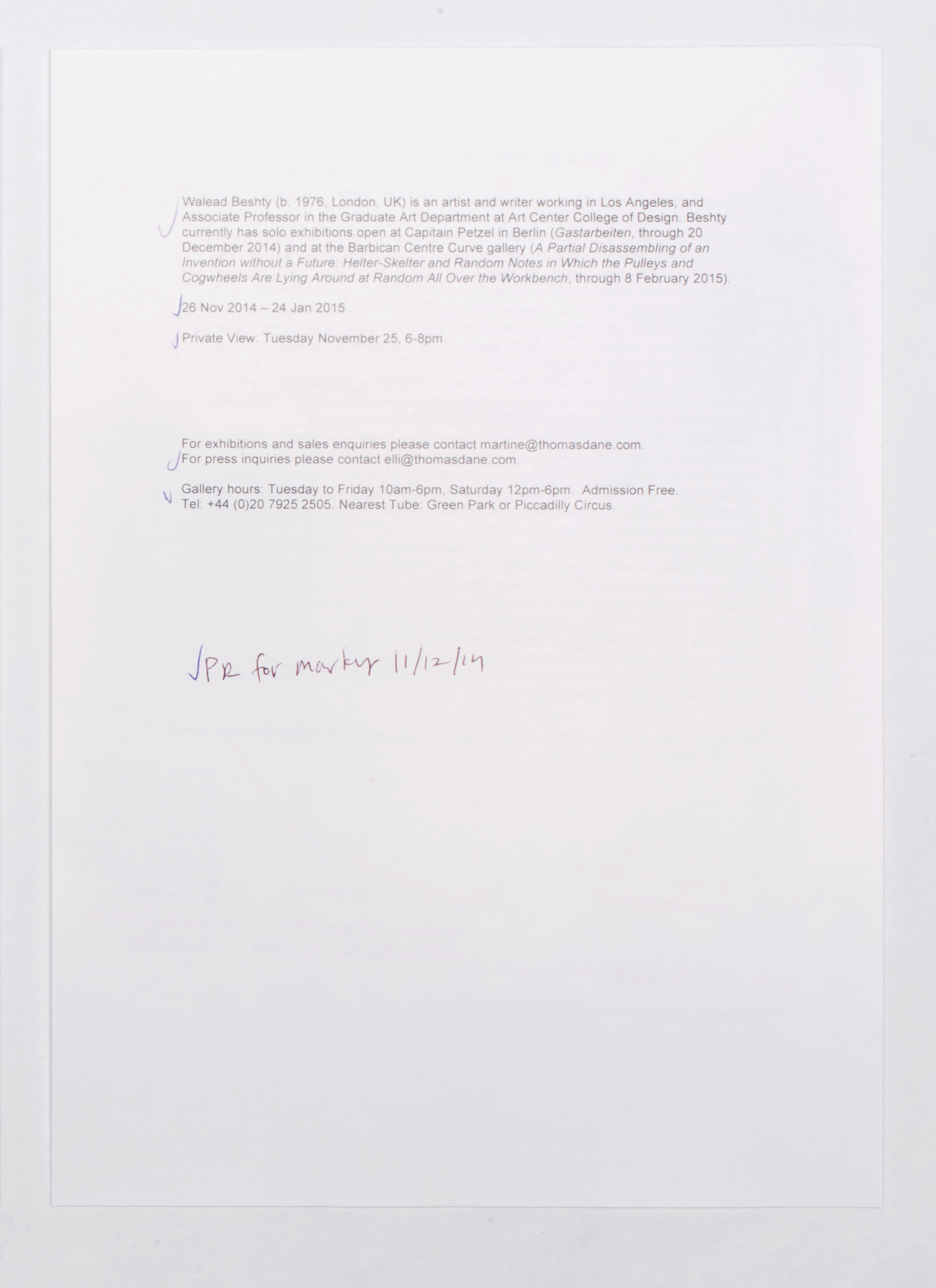   Marginalia press release   Thomas Dane Gallery  London  United Kingdom  2014    