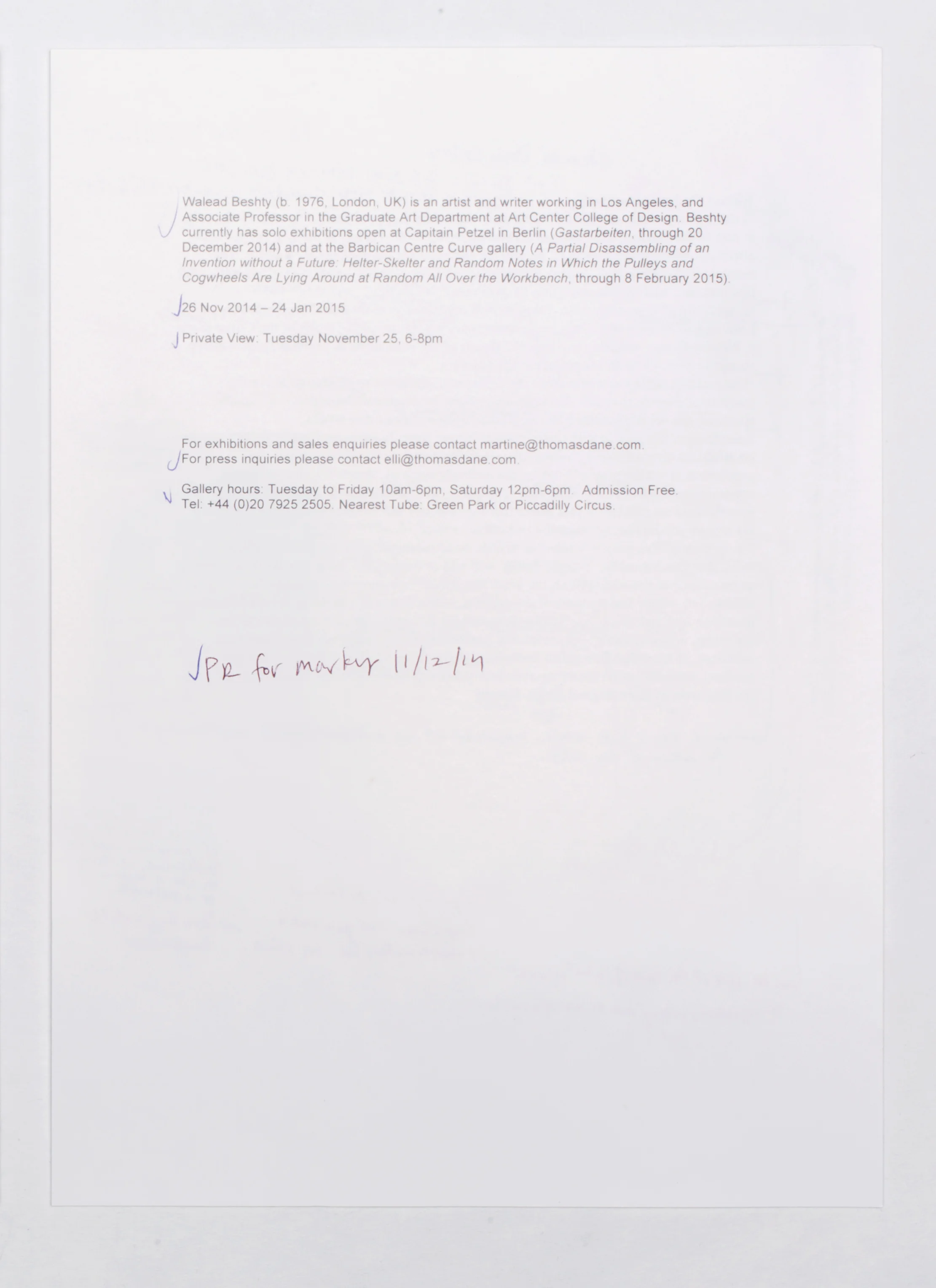 Marginalia press release Thomas Dane Gallery London United Kingdom 2014