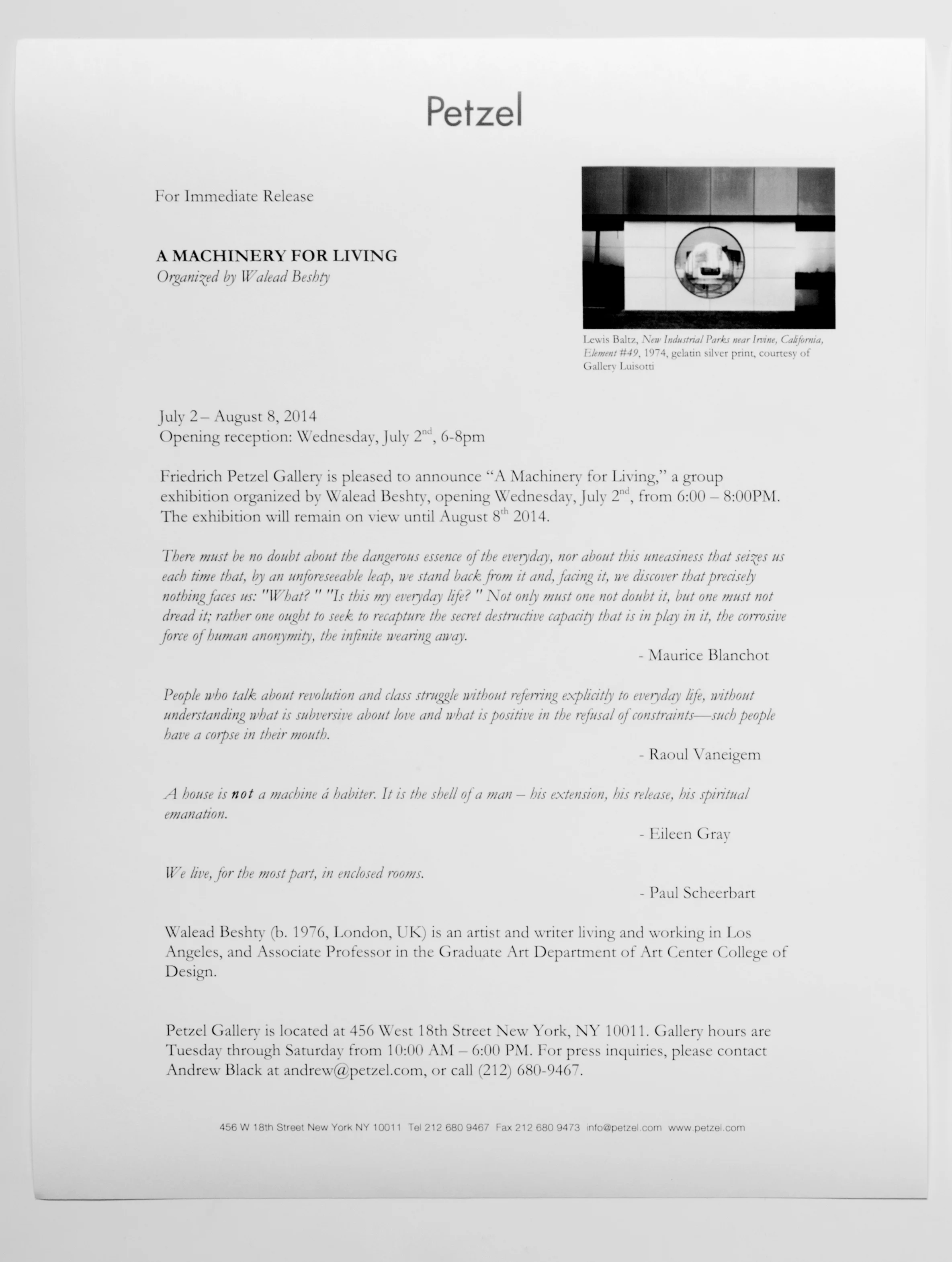 A Machinery for Living press release , Petzel, New York, NY, 2014.
