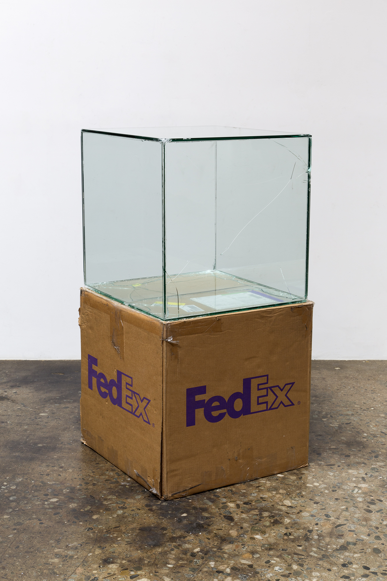  FedEx® Large Kraft Box  © 2008 FEDEX 330510 REV 6/08 GP, International Priority, Los Angeles–Tokyo trk#778608512056, March 9–13, 2017    2017–   Laminated glass, FedEx shipping box, accrued FedEx shipping and tracking labels, silicone, metal, tape 