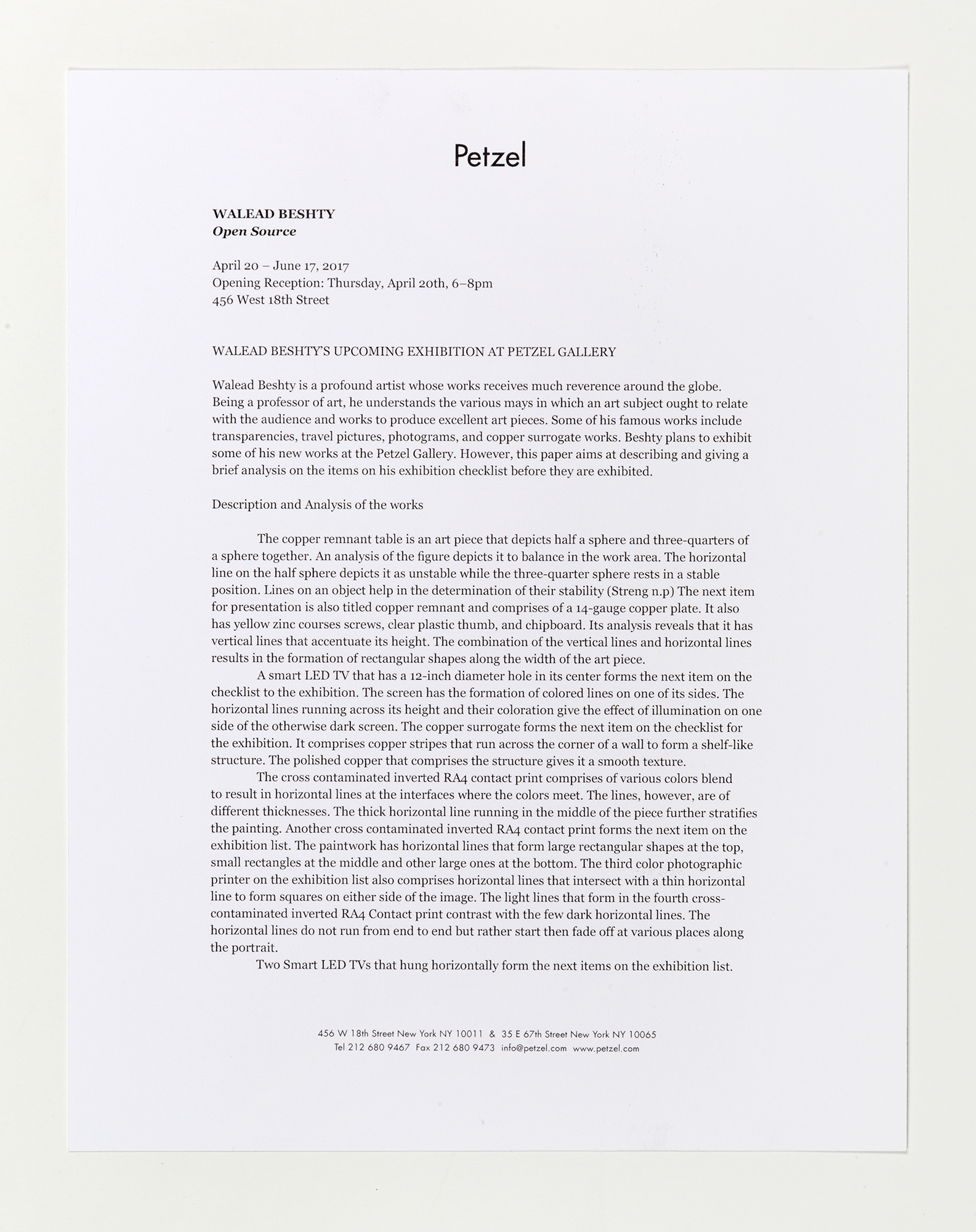   Open Source  press release  Petzel Gallery, New York  2017 