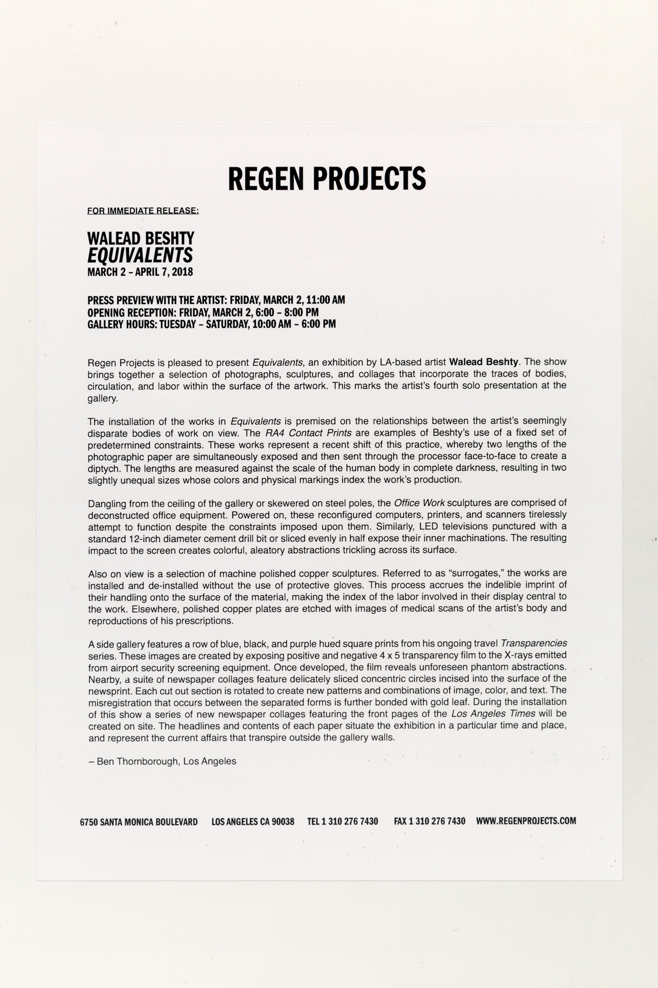   Equivalents  press release  Regen Projects, Los Angeles  2018 