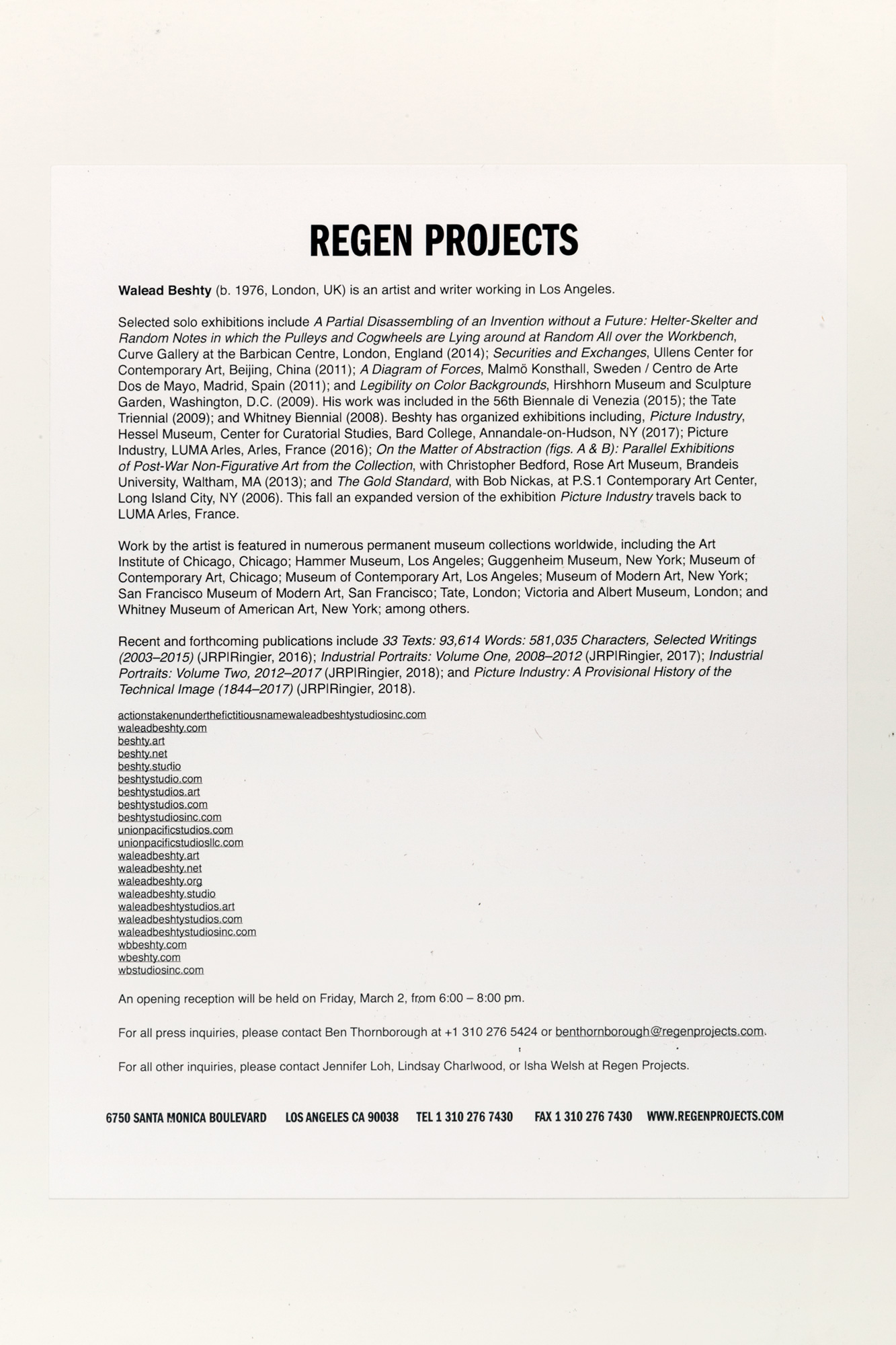   Equivalents  press release  Regen Projects, Los Angeles  2018 