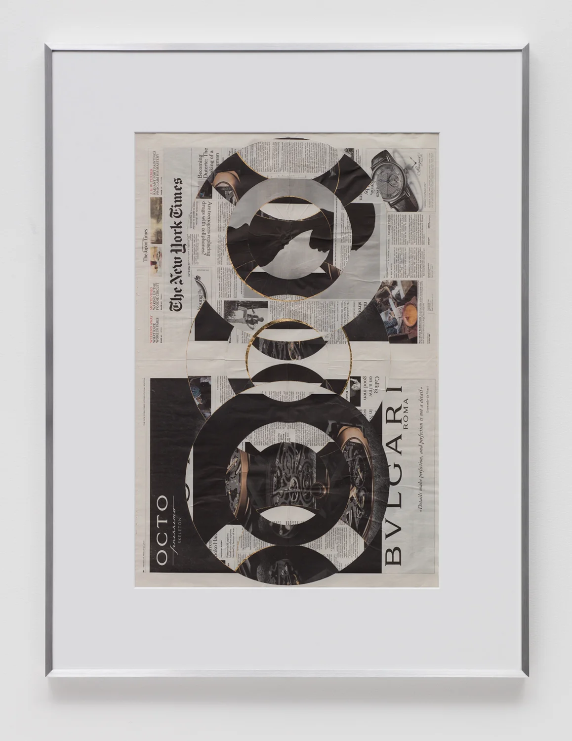 Blind Collage (Three 180º Rotations, The New York Times International Edition, Distributed with The Japan Times, Thursday, March 23, 2017) 2017 Newspaper, tape, and 22 karat gold leaf 43 5/8 x 33 1/8 inches Blind Collages, 2017–