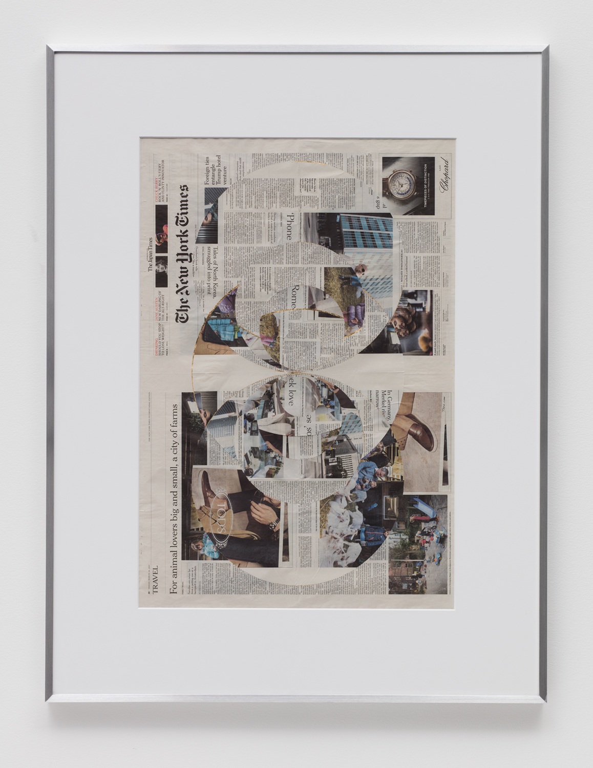   Blind Collage (Four 180º Rotations, The New York Times International Edition, Distributed with The Japan Times, Friday, March 24, 2017)    2017   Newspaper, tape, and 22 karat gold leaf  43 5/8 x 33 1/8 inches   Blind Collages, 2017–     
