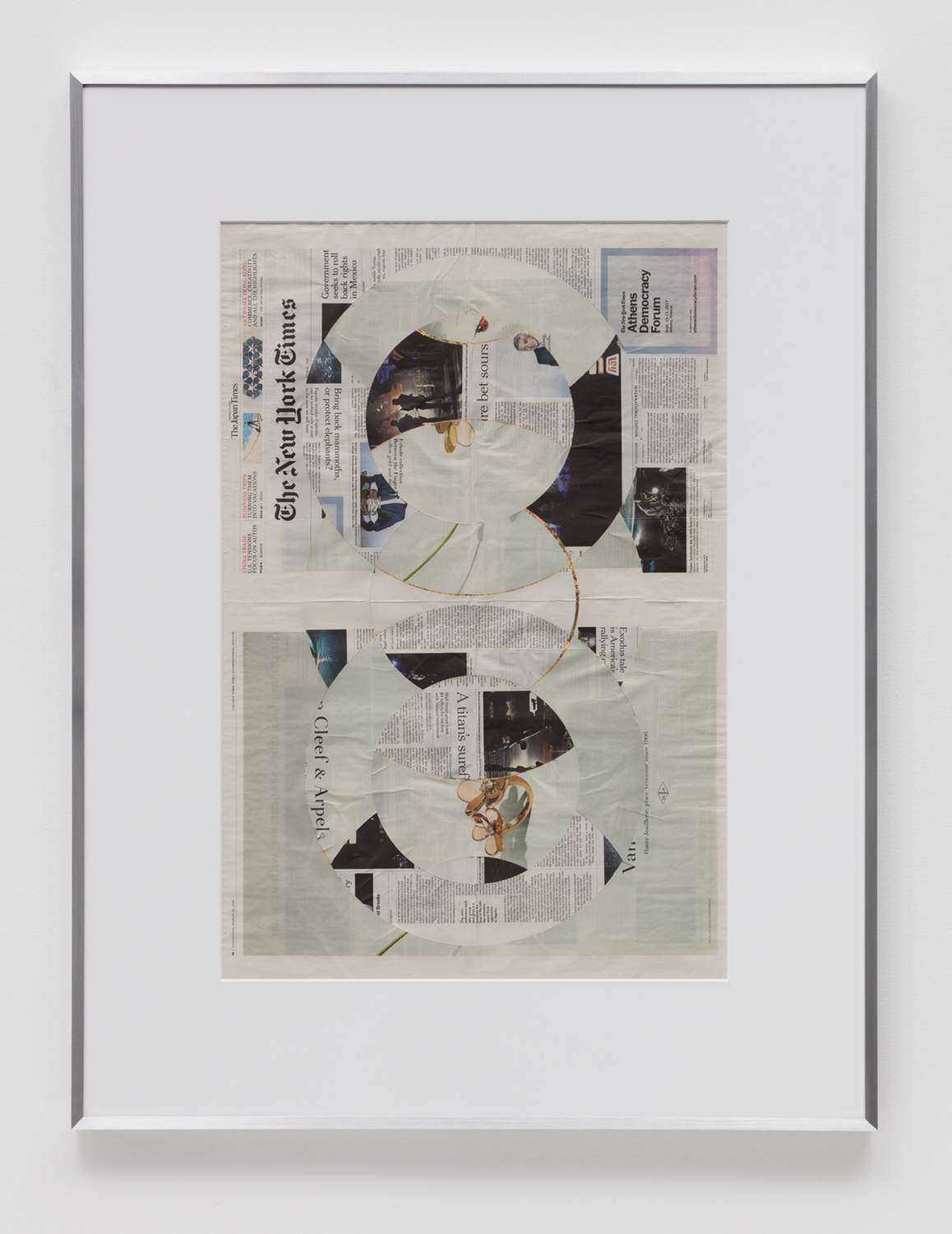   Blind Collage (Two 180º Rotations, The New York Times International Edition, Distributed with The Japan Times, Wednesday, March 22, 2017)    2017   Newspaper, tape, and 22 karat gold leaf  43 5/8 x 33 1/8 inches   Blind Collages, 2017–     