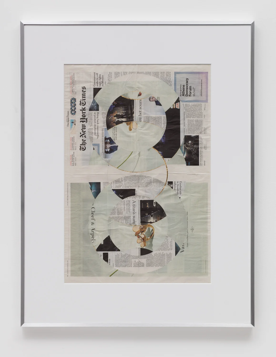Blind Collage (Two 180º Rotations, The New York Times International Edition, Distributed with The Japan Times, Wednesday, March 22, 2017) 2017 Newspaper, tape, and 22 karat gold leaf 43 5/8 x 33 1/8 inches Blind Collages, 2017–