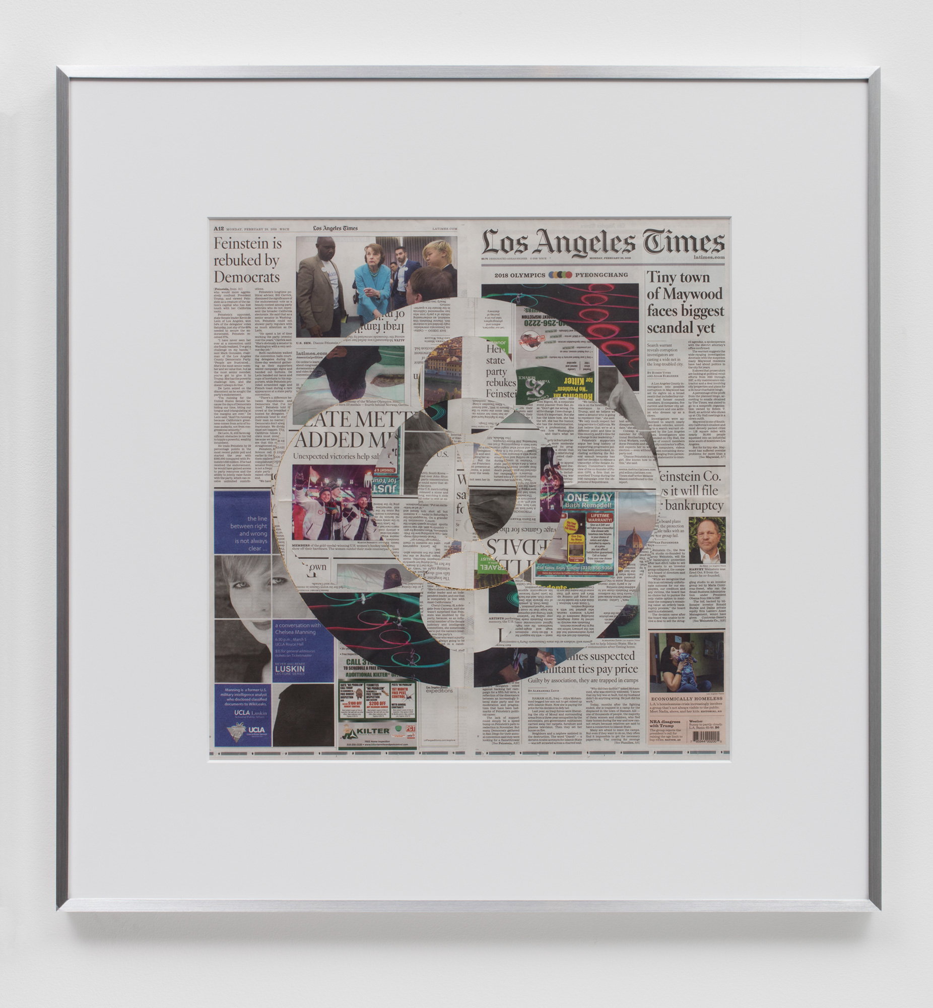   Blind Collage (Three 180° Rotations, Los Angeles Times, Monday, February 26, 2018)    2018   Newspaper, tape, and 22 karat gold leaf  34 1/2 x 33 3/4 inches   Blind Collages, 2017–     