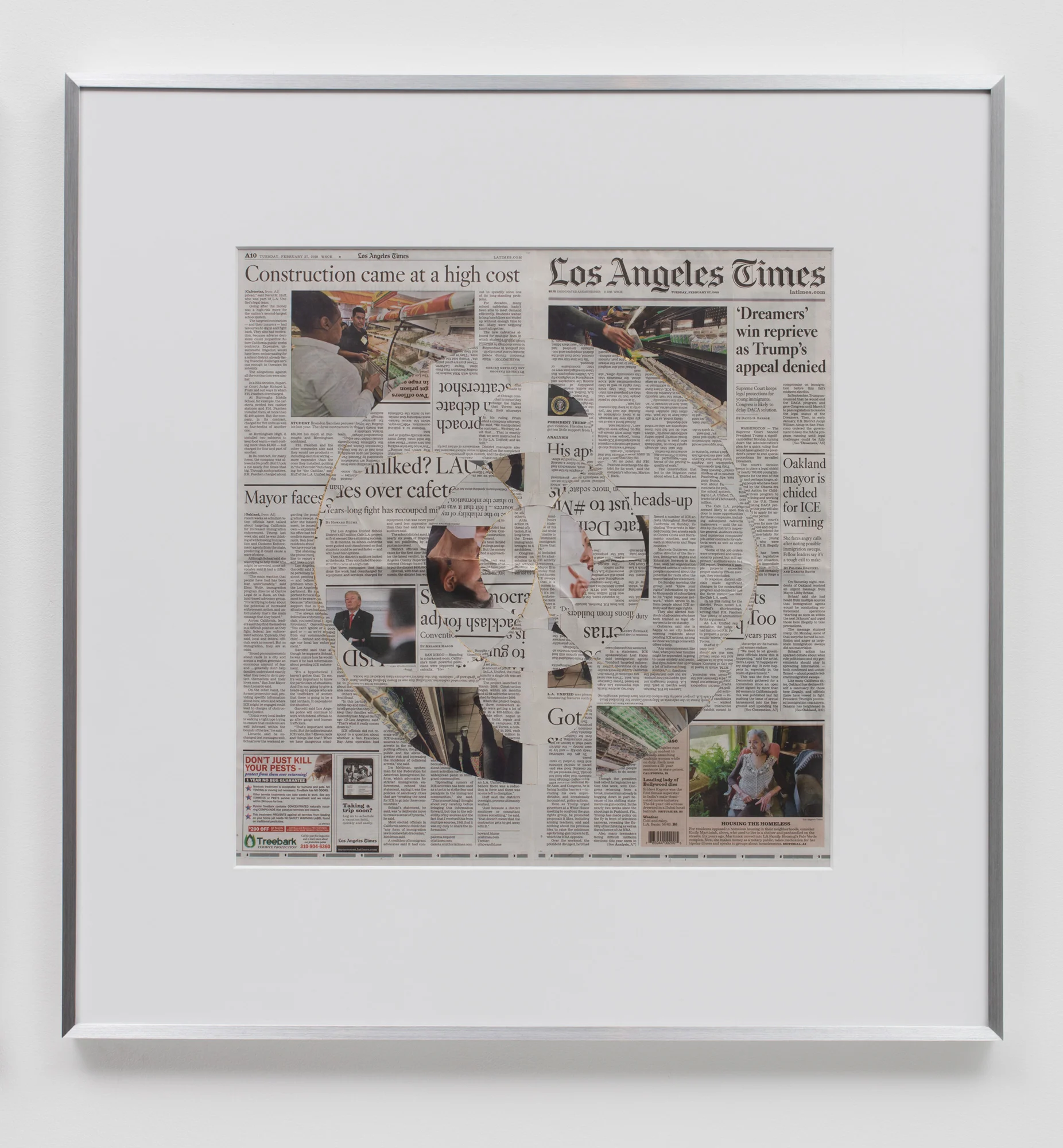 Blind Collage (Three 180° Rotations, Los Angeles Times, Tuesday, February 27, 2018) 2018 Newspaper, tape, and 22 karat gold leaf 34 1/2 x 33 3/4 inches Blind Collages, 2017–