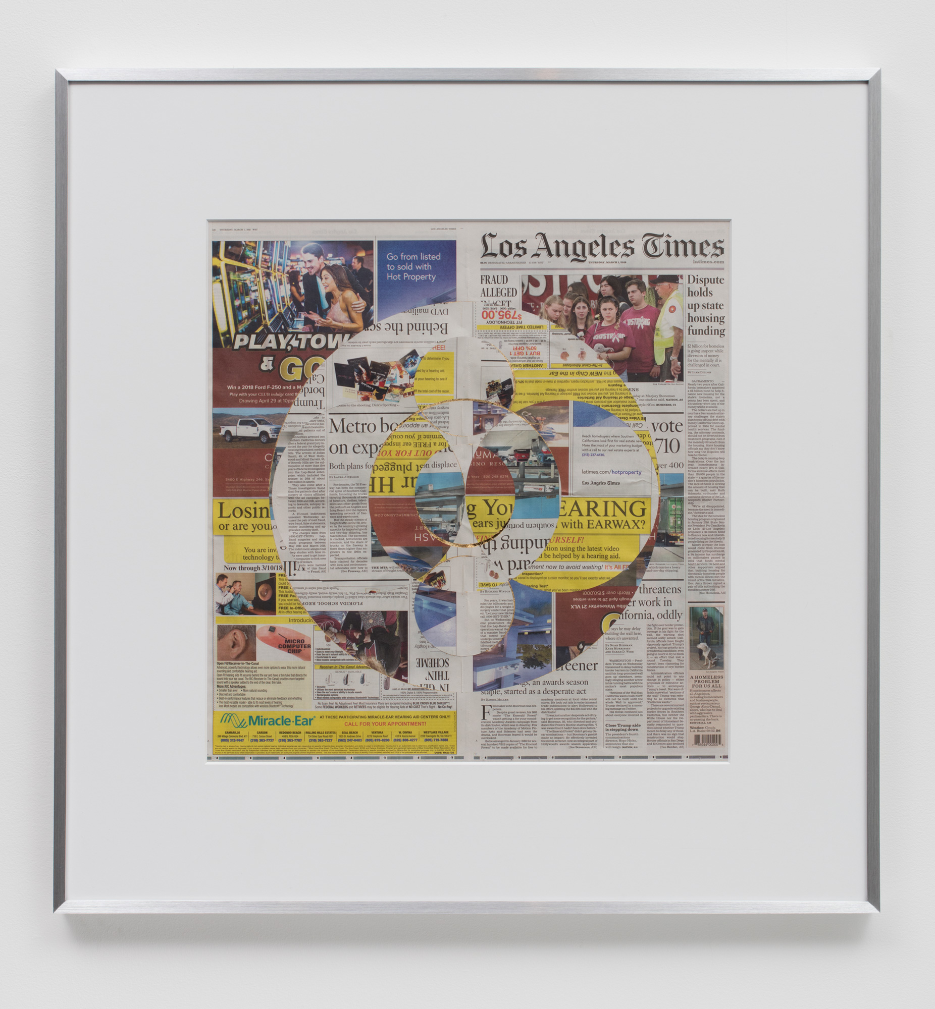   Blind Collage (Three 180° Rotations, Los Angeles Times, Thursday, March 1, 2018)    2018   Newspaper, tape, and 22 karat gold leaf  34 1/2 x 33 3/4 inches   Blind Collages, 2017–     