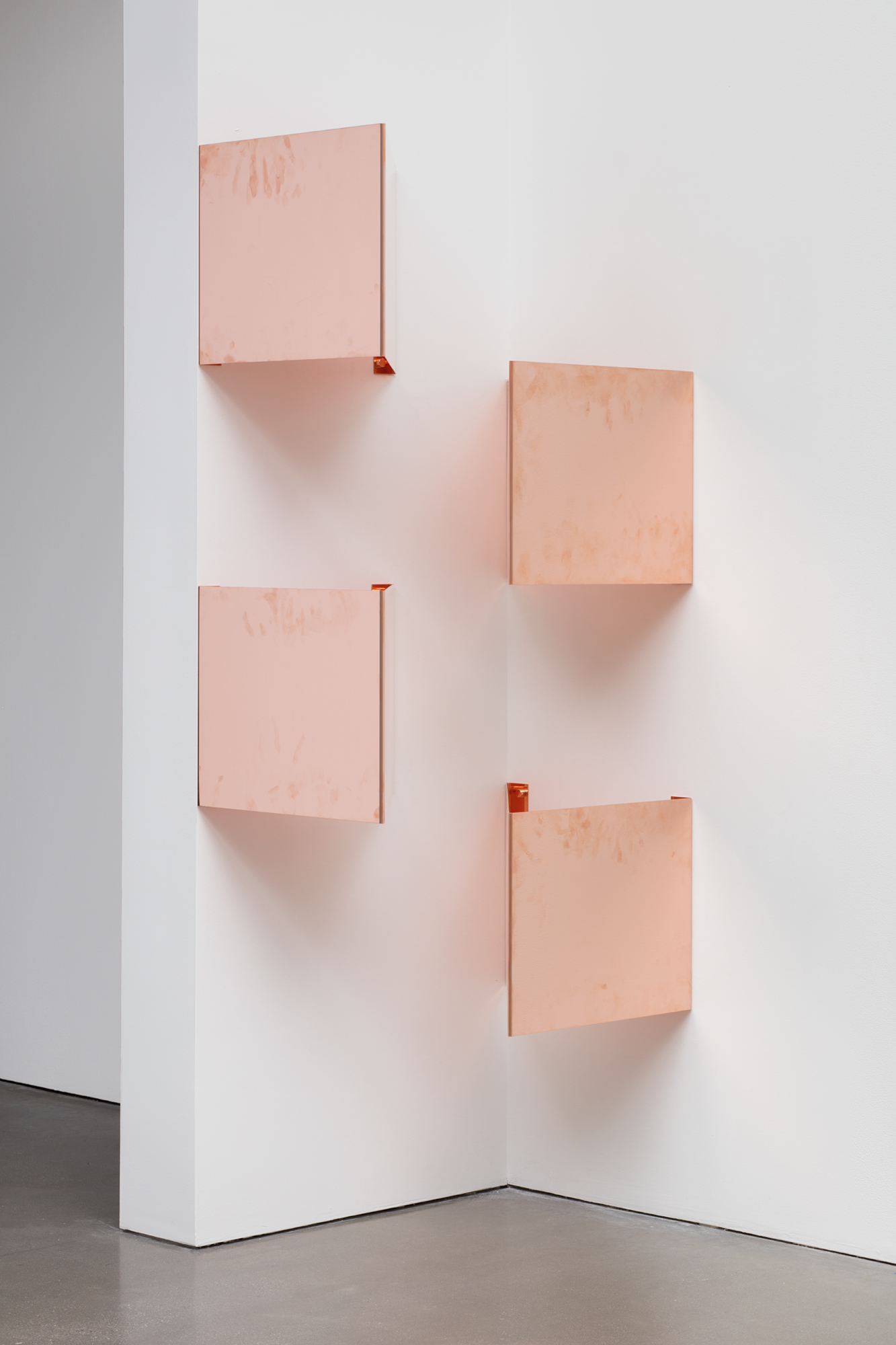   Copper Surrogates (48” x 120” 48 ounce C11000 Copper Alloy, 45º/45º/90º, February 23–27/April 9, 2018, Los Angeles, California)    2018–   Polished copper  18 1/2 x 14 1/16 x 18 1/2 inches each, 4 parts   Surrogates (Modular, Art Handling), 2014–  