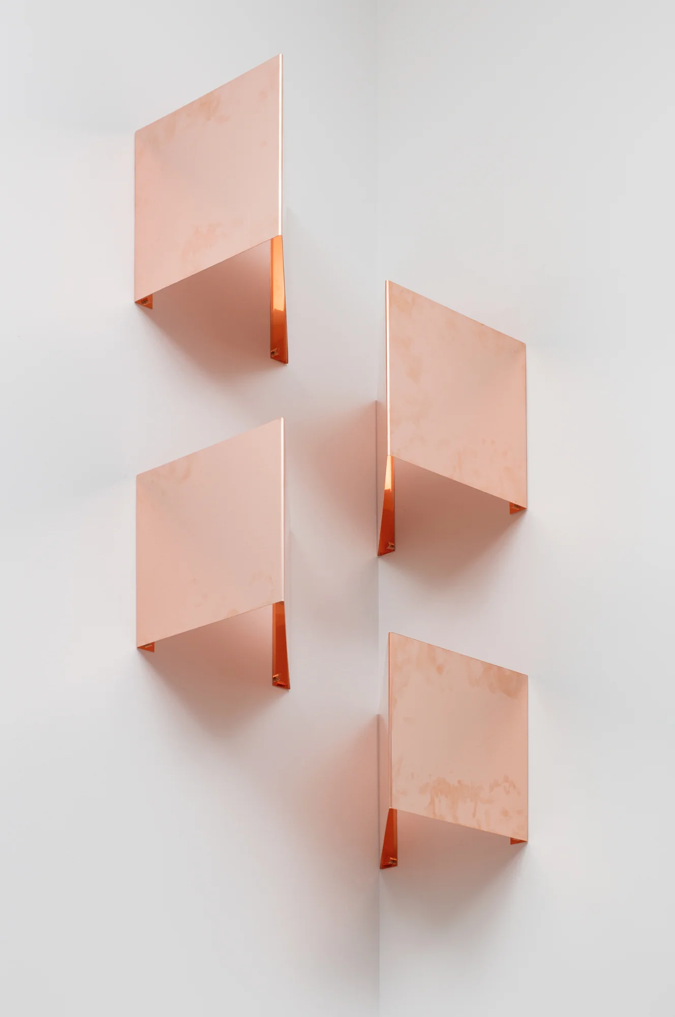 Copper Surrogates (48” x 120” 48 ounce C11000 Copper Alloy, 45º/45º/90º, February 23–27/April 9, 2018, Los Angeles, California) 2018– Polished copper 18 1/2 x 14 1/16 x 18 1/2 inches each, 4 parts Equivalents, 2018