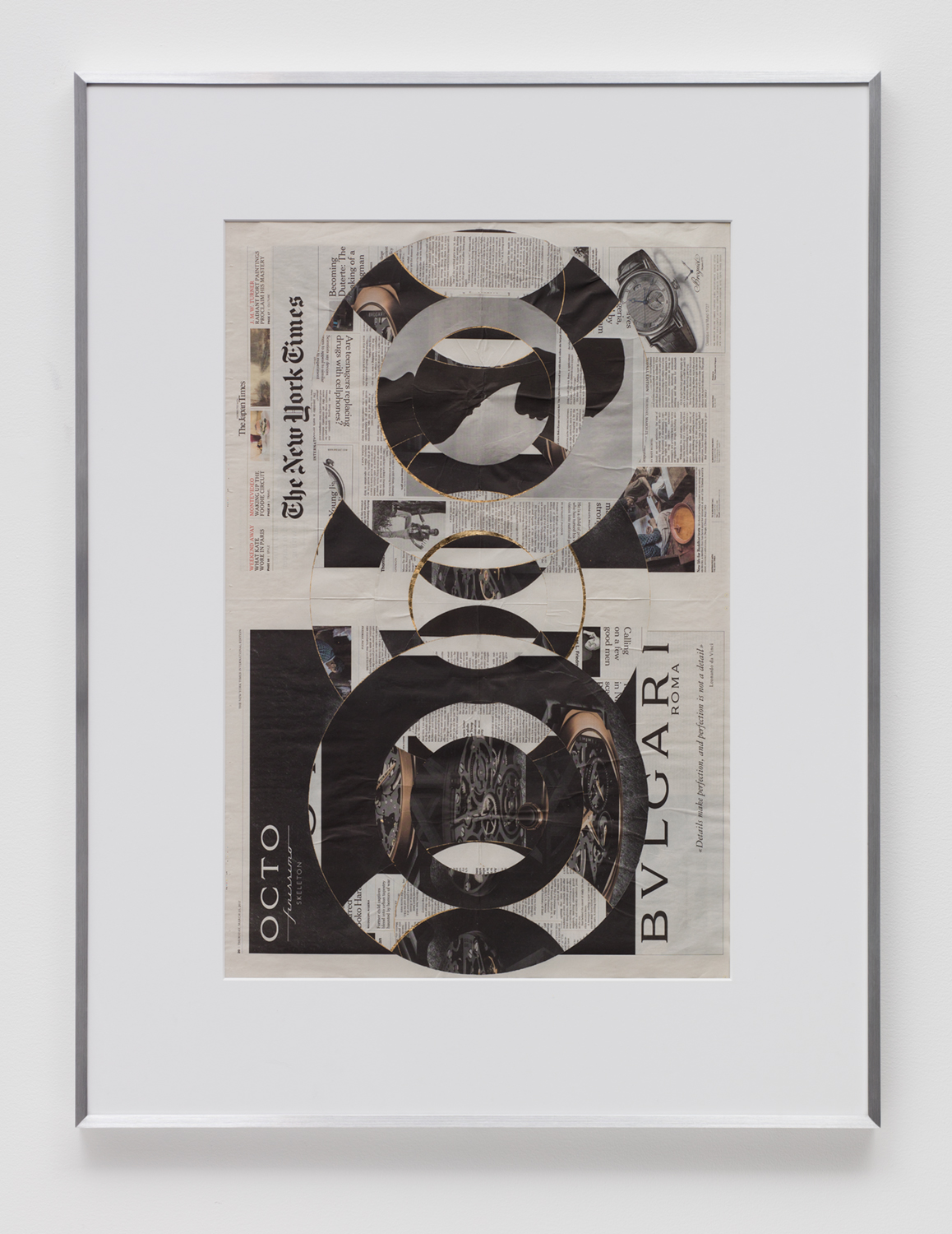   Blind Collage (Three 180º Rotations, The New York Times International Edition Distributed with The Japan Times, Thursday, March 23, 2017)   2017  Newspaper, tape, and 22 karat gold leaf  43 5/8 x 33 1/8 inches   Blind Collages, 2017–   Exhibition: 