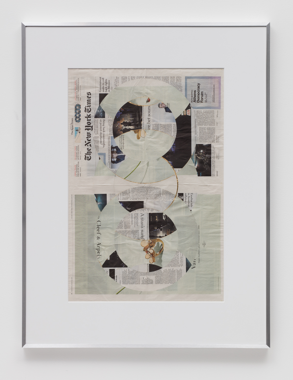   Blind Collage (Two 180º Rotations, The New York Times International Edition Distributed with The Japan Times, Wednesday, March 22, 2017)   2017  Newspaper, tape, and 22 karat gold leaf  43 5/8 x 33 1/8 inches   Blind Collages, 2017–   Exhibition:  