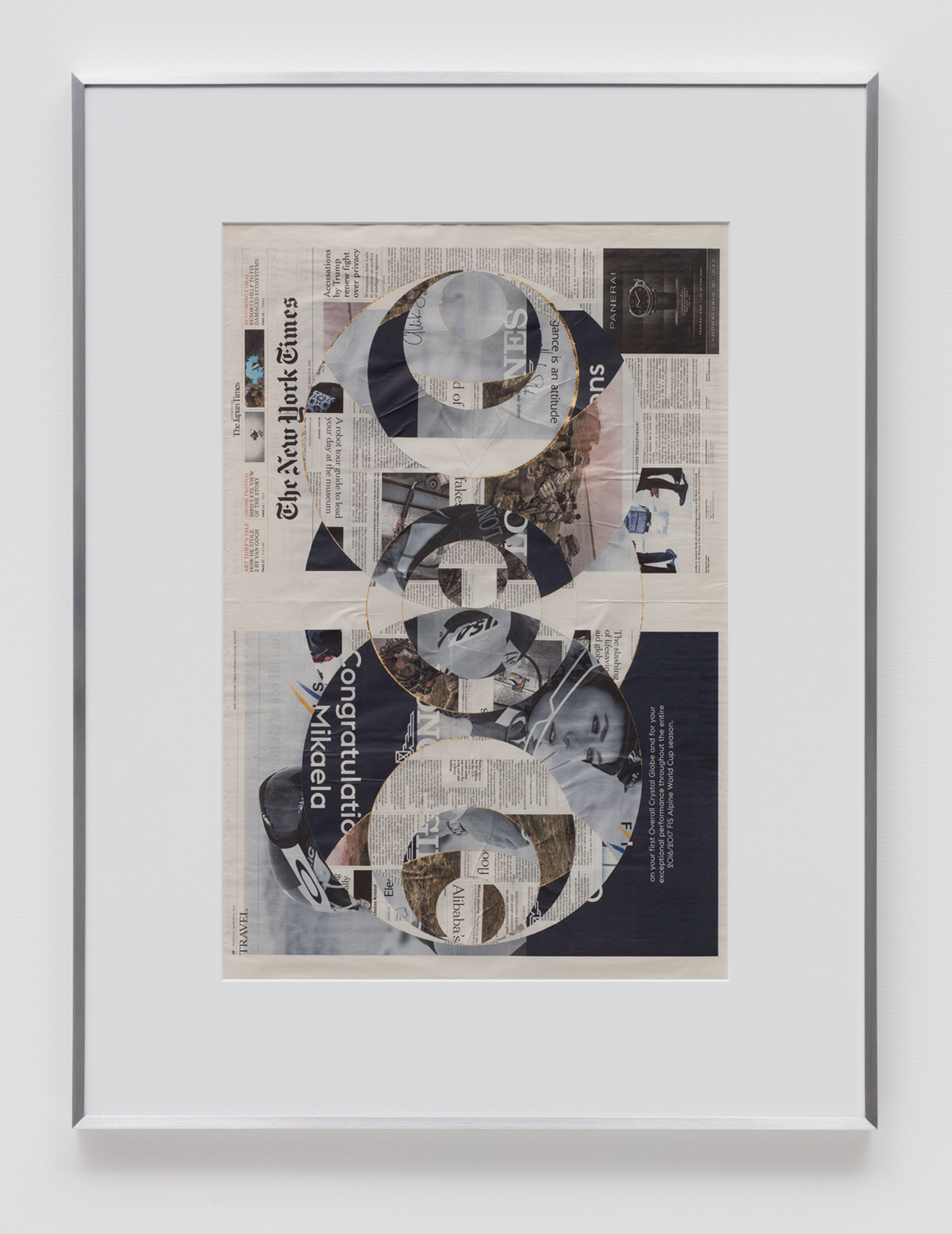   Blind Collage (Four 180º Rotations, The New York Times International Edition Distributed with The Japan Times, Tuesday, March 21, 2017)   2017  Newspaper, tape, and 22 karat gold leaf  43 5/8 x 33 1/8 inches   Blind Collages, 2017–   Exhibition:  T