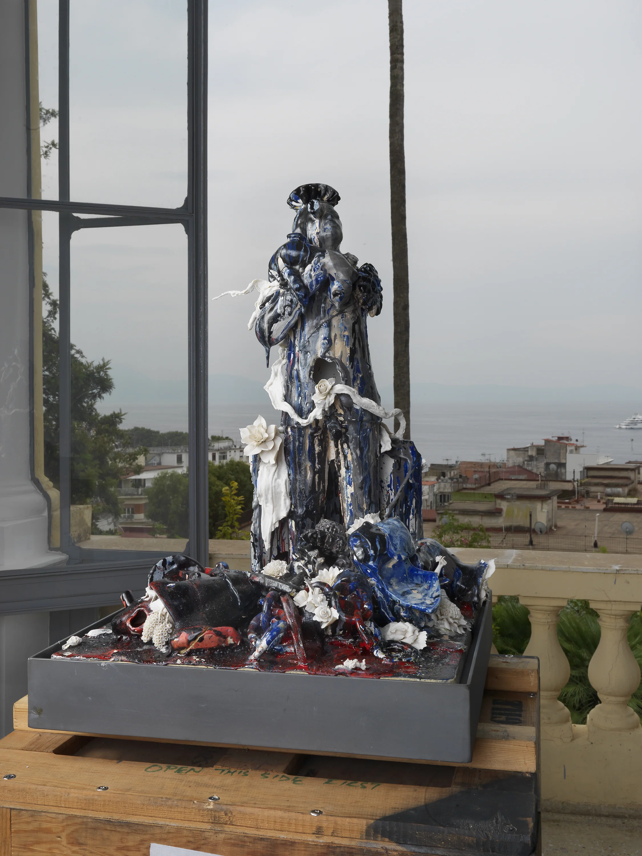 Cortés (August 28–September 10, 2013: Cerámica Suro, Guadalajara, Jalisco, Mexico; September 14–19, 2018: Real Fabbrica della Porcellana di Capodimonte, Napoli, Italy) 2013–2018 Ceramica Suro slip cast remnants, glaze, firing plate, and steel, wood, and soft-paste porcelain 20 1/2 x 19 1/2 x 29 inches Ceramics, 2013–
