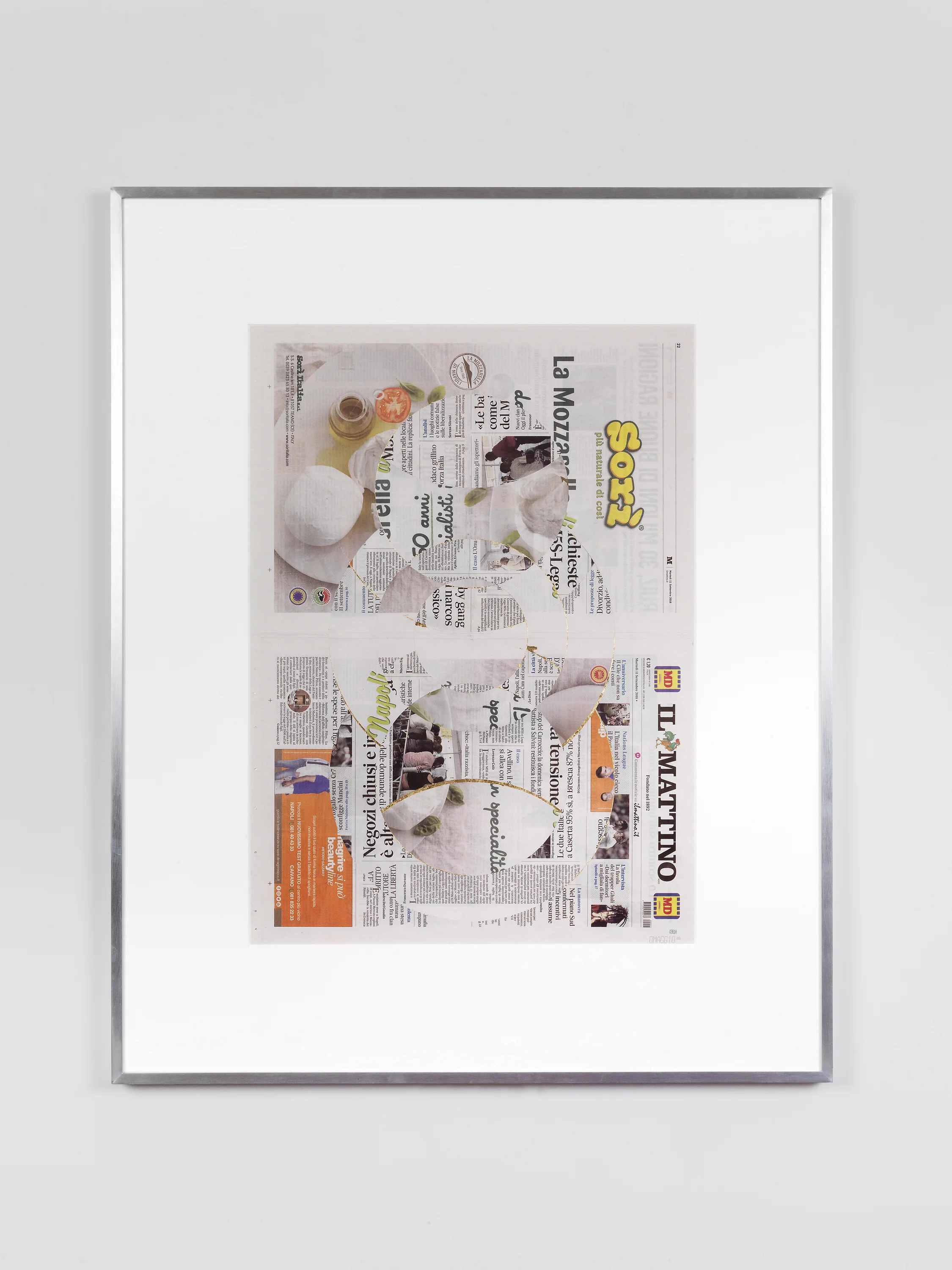 Il Mattino, Martedi 11 Settembre 2018 2018 Newspaper, tape, and 22 karat gold leaf 39 3/8 x 31 1/2 inches Blind Collages, 2017– Aggregato, 2018